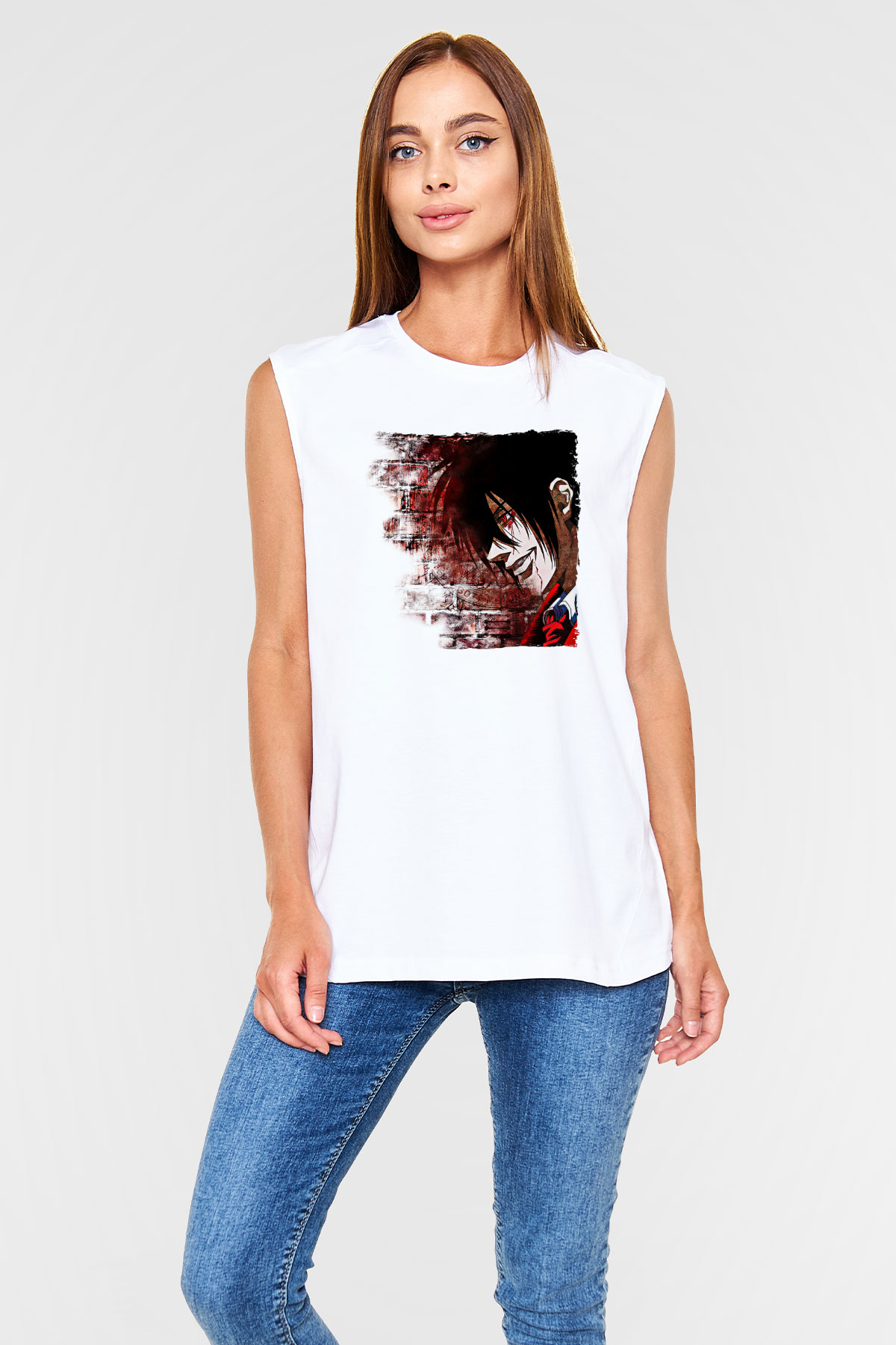 Alucard Baskılı Beyaz Unisex Kolsuz Tişört - Tshirt