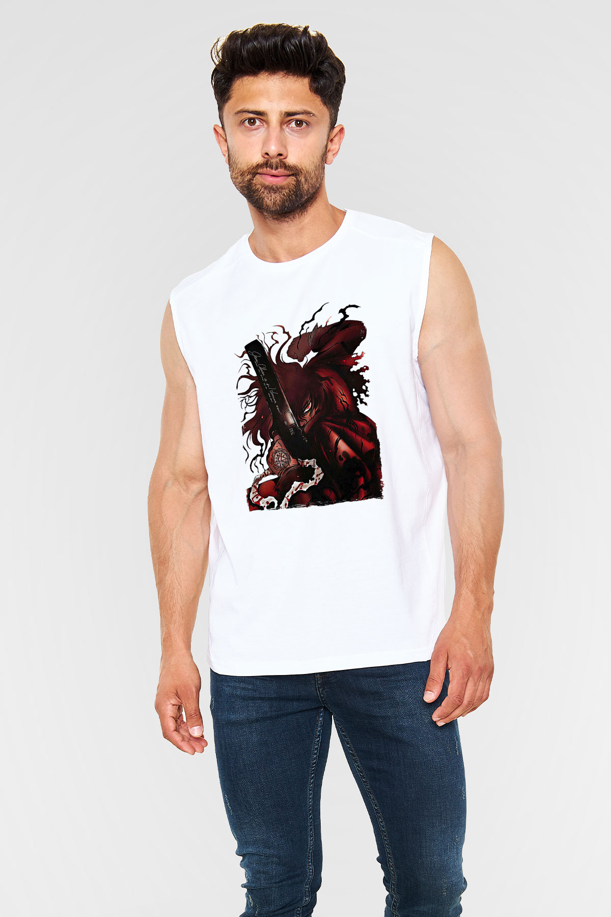 Alucard Baskılı Beyaz Unisex Kolsuz Tişört - Tshirt