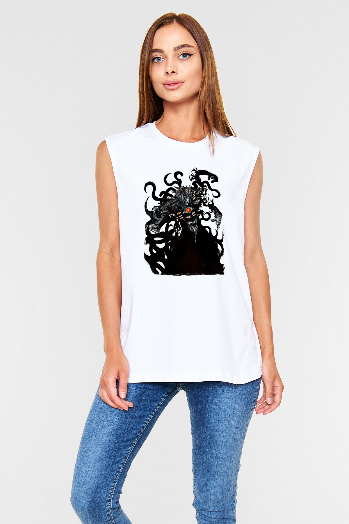 Alucard Baskılı Beyaz Unisex Kolsuz Tişört - Tshirt
