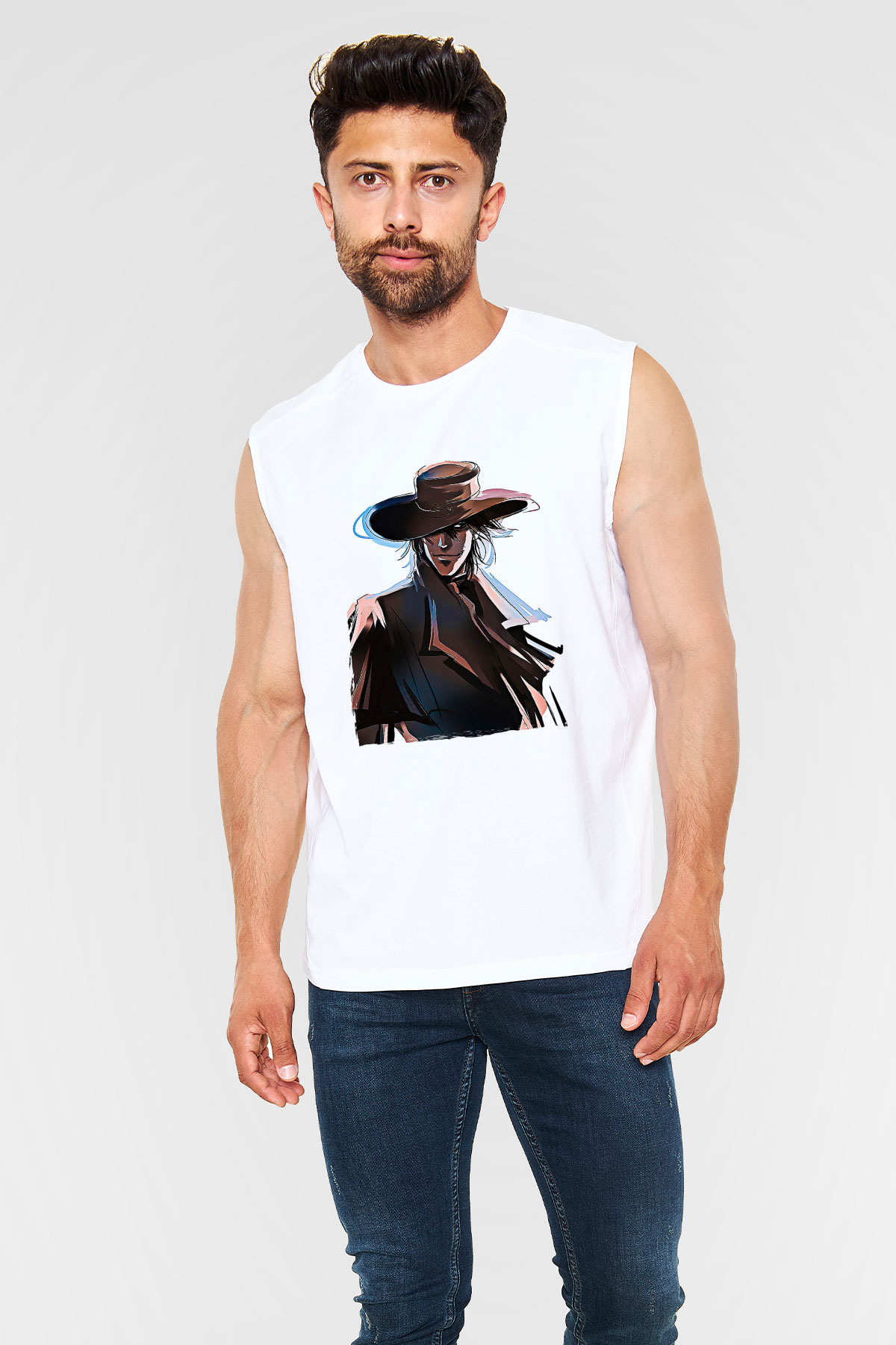 Alucard Baskılı Beyaz Unisex Kolsuz Tişört - Tshirt