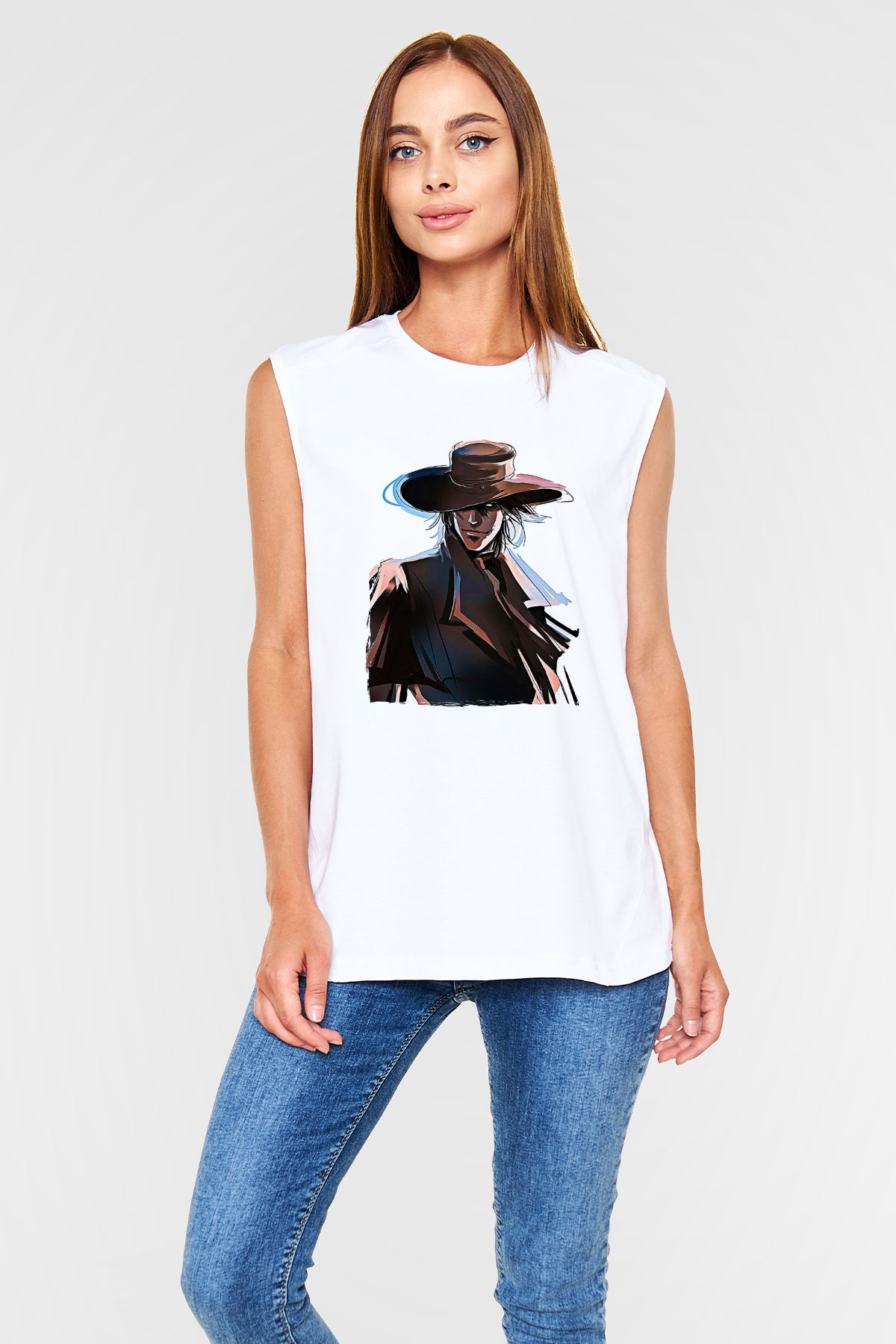 Alucard Baskılı Beyaz Unisex Kolsuz Tişört - Tshirt