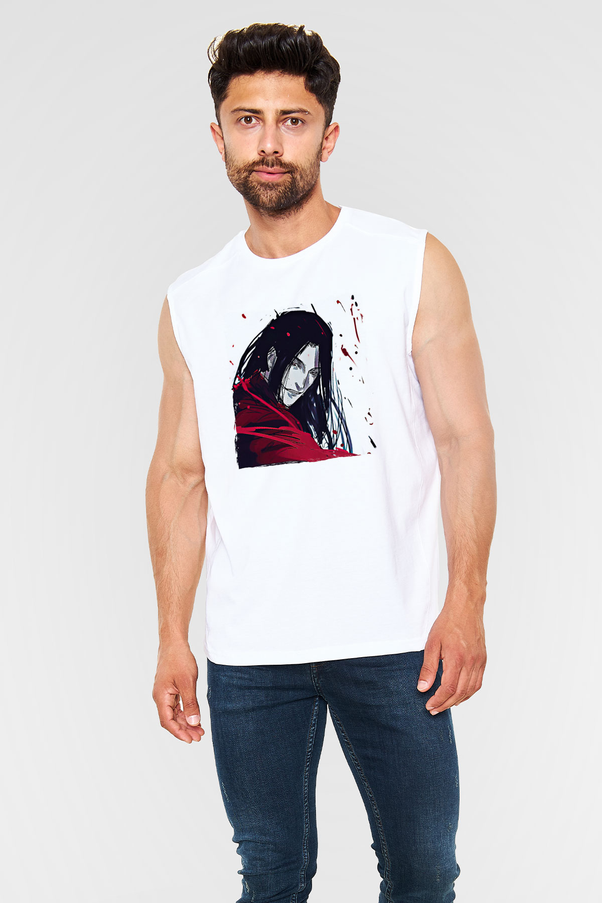 Alucard Baskılı Beyaz Unisex Kolsuz Tişört - Tshirt