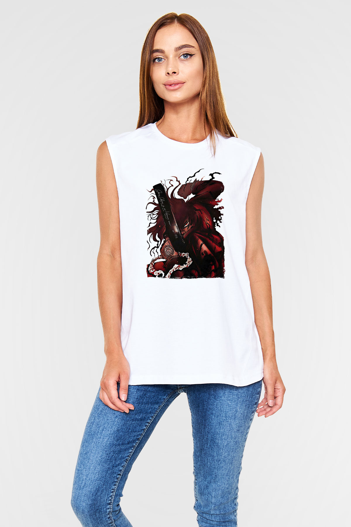 Alucard Baskılı Beyaz Unisex Kolsuz Tişört - Tshirt