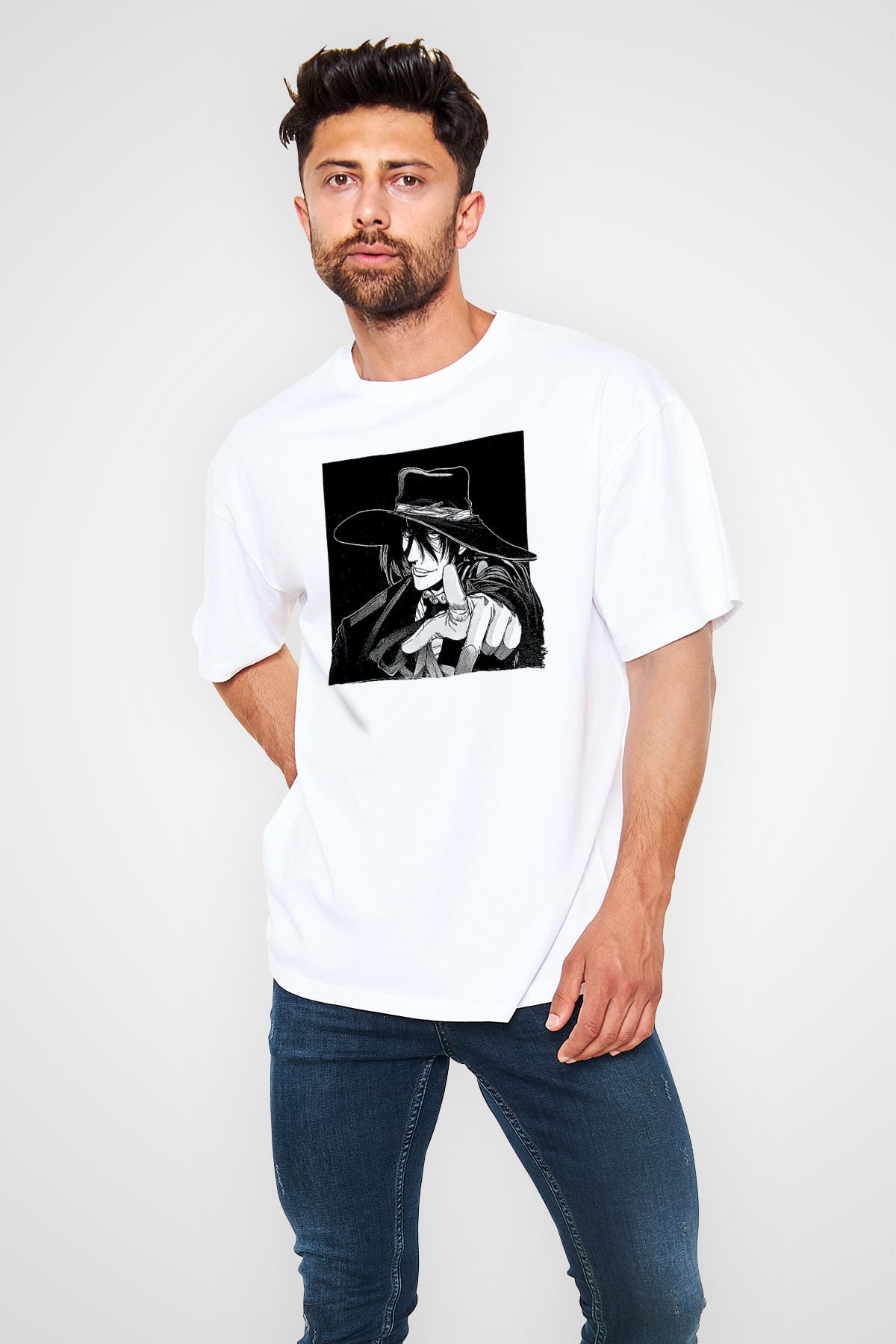 Alucard Baskılı Beyaz Unisex Oversize Tişört - Tshirt