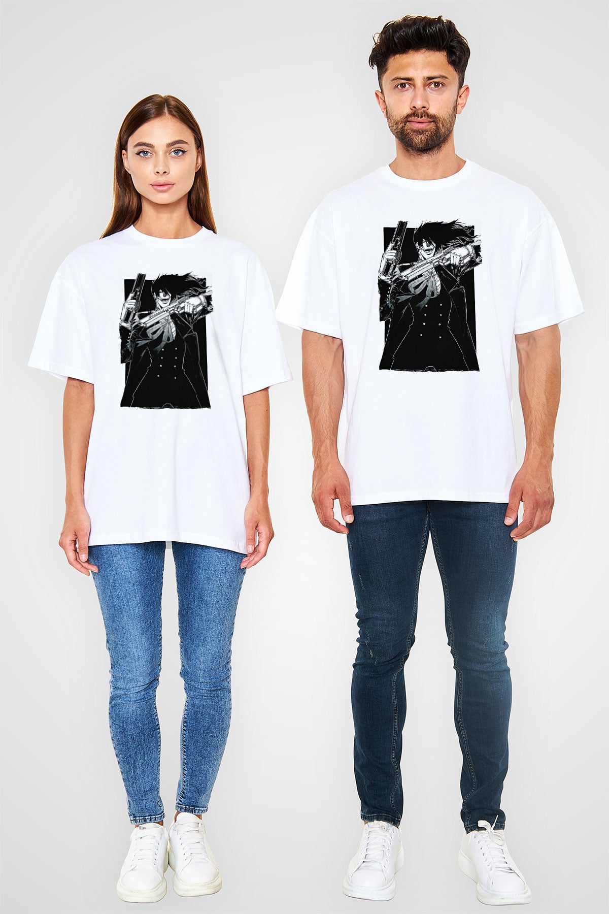 Alucard Baskılı Beyaz Unisex Oversize Tişört - Tshirt