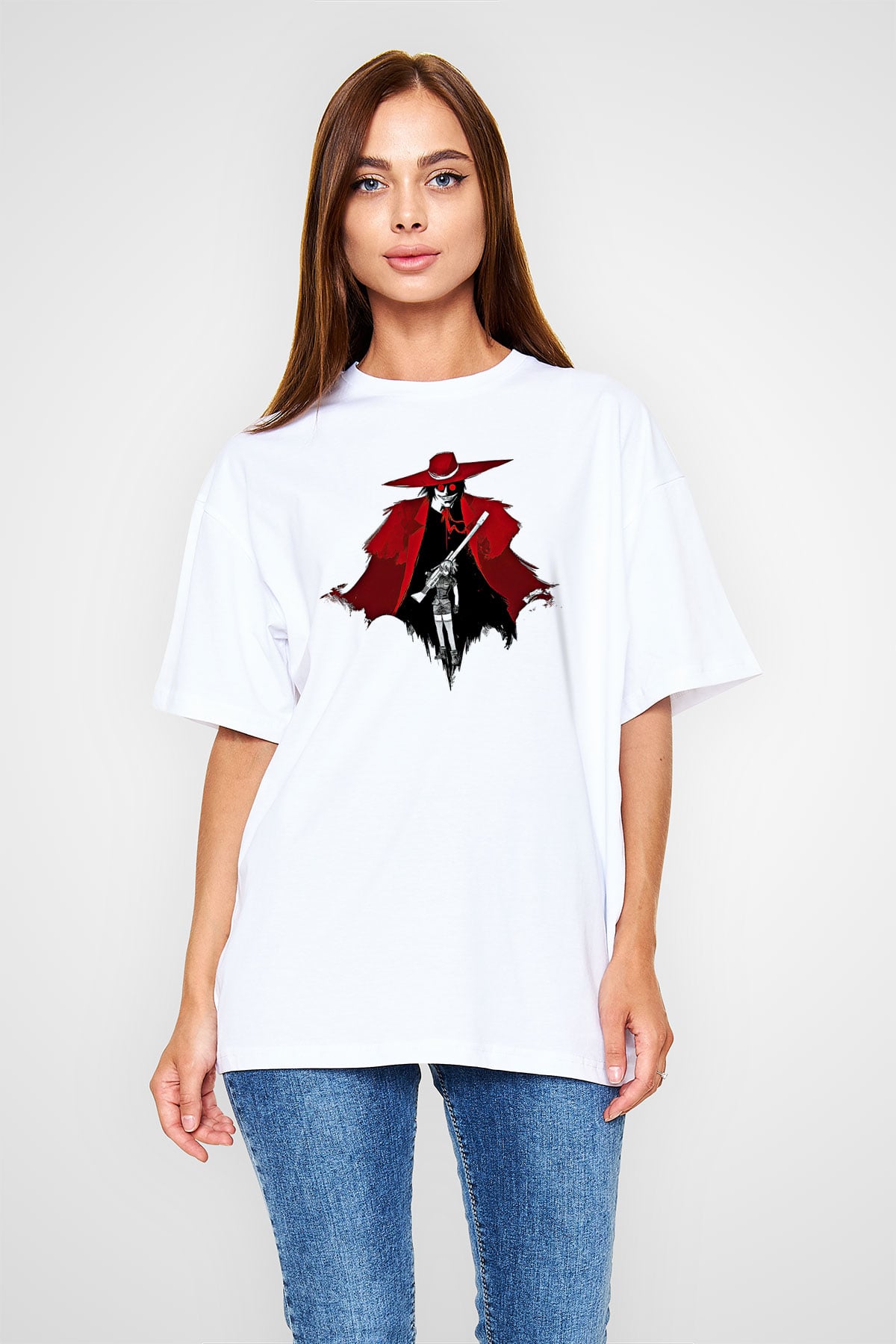 Alucard Baskılı Beyaz Unisex Oversize Tişört - Tshirt