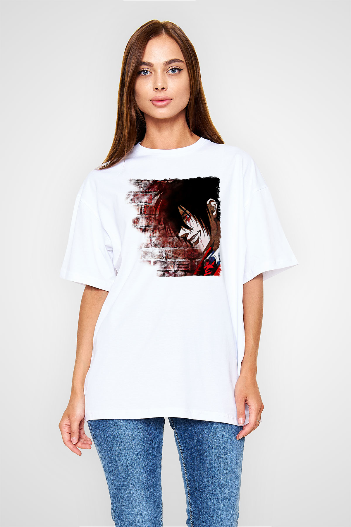 Alucard Baskılı Beyaz Unisex Oversize Tişört - Tshirt