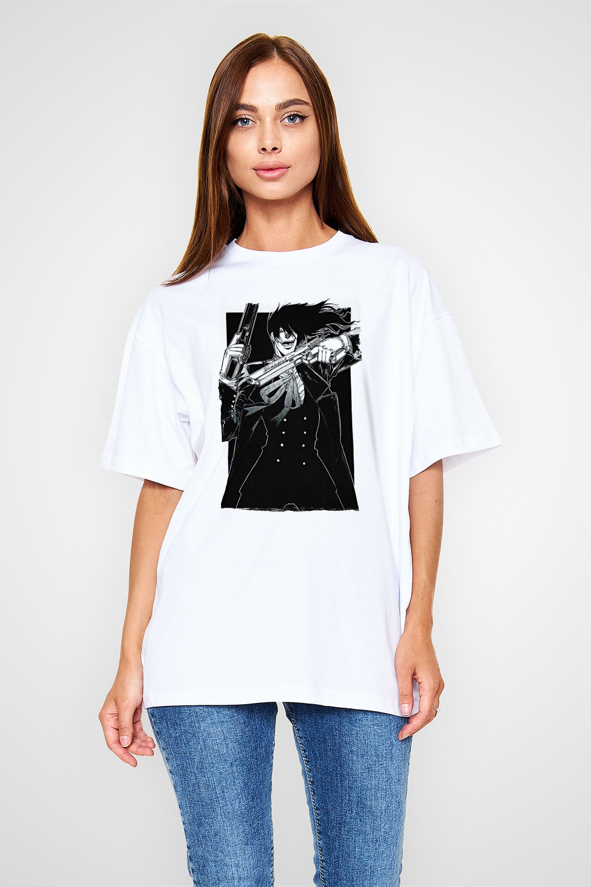 Alucard Baskılı Beyaz Unisex Oversize Tişört - Tshirt