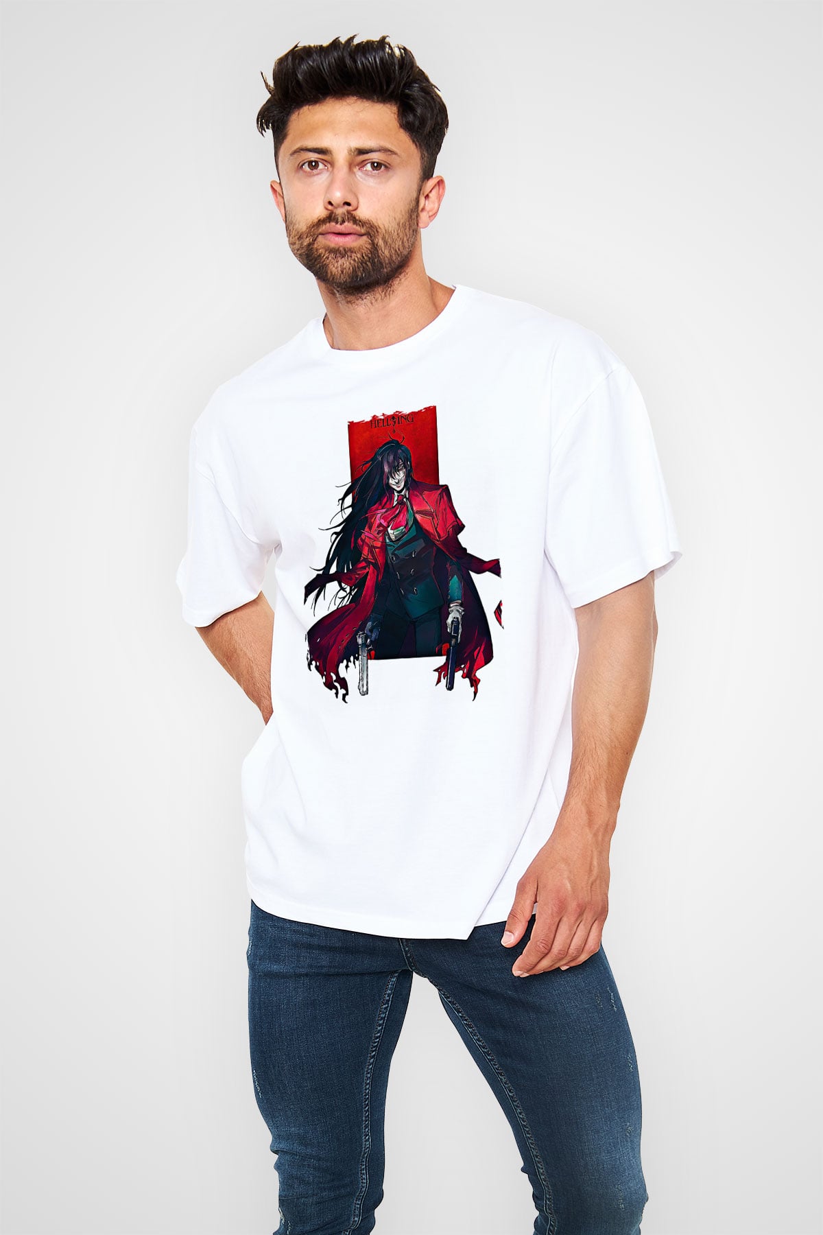 Alucard Baskılı Beyaz Unisex Oversize Tişört - Tshirt