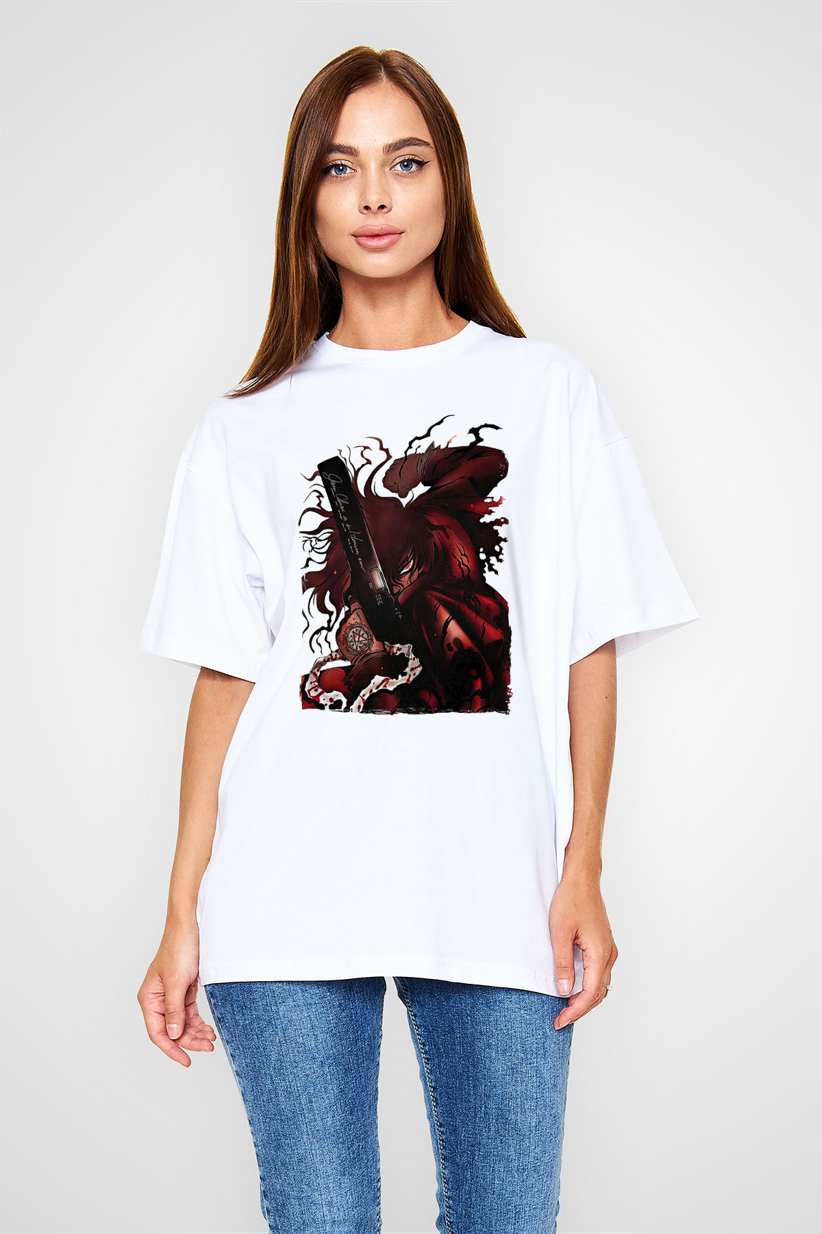 Alucard Baskılı Beyaz Unisex Oversize Tişört - Tshirt