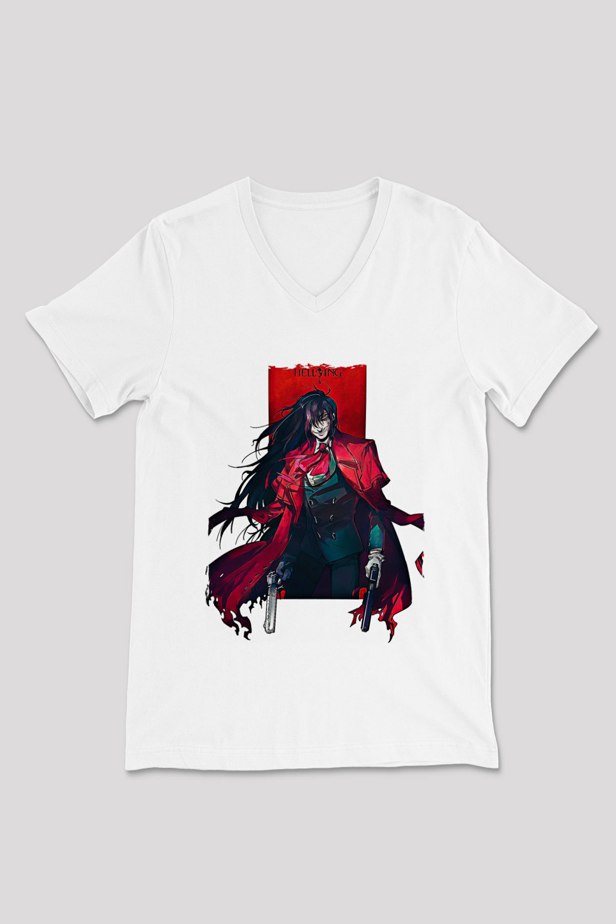 Alucard Baskılı Beyaz Unisex V Yaka Tişört - Tshirt