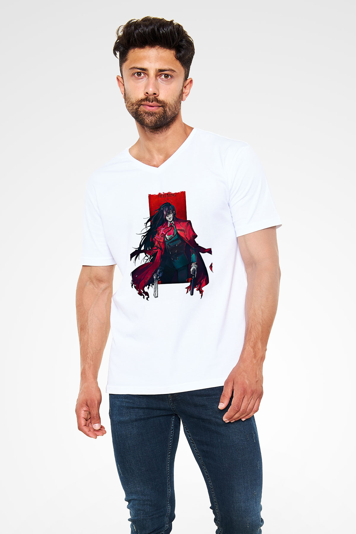 Alucard Baskılı Beyaz Unisex V Yaka Tişört - Tshirt