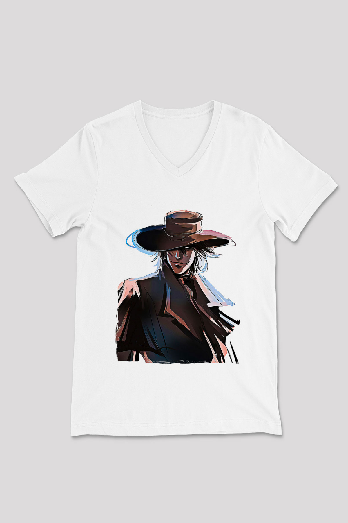 Alucard Baskılı Beyaz Unisex V Yaka Tişört - Tshirt