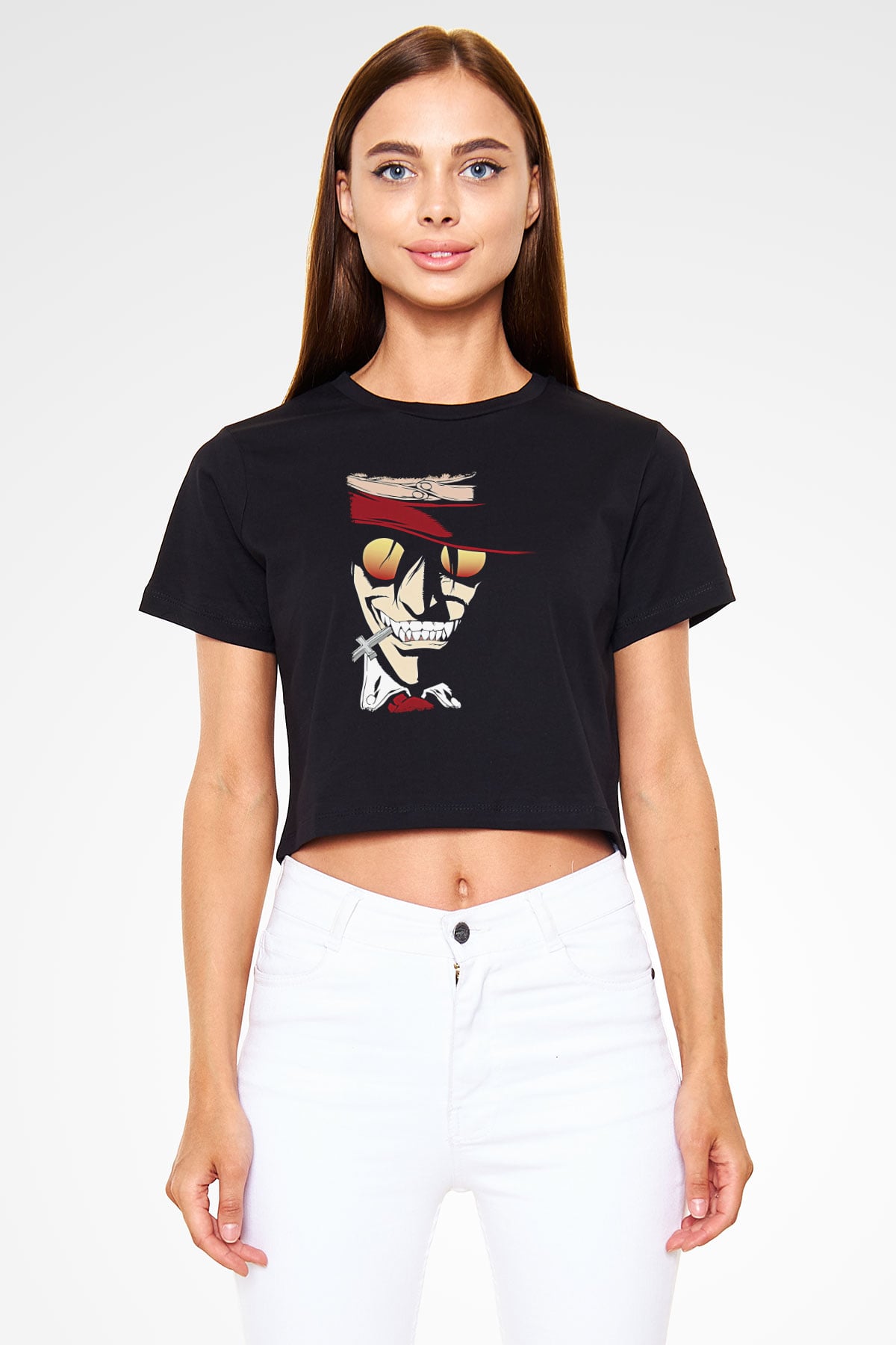 Alucard Baskılı Siyah Crop Top Kadın Tişört - Tshirt