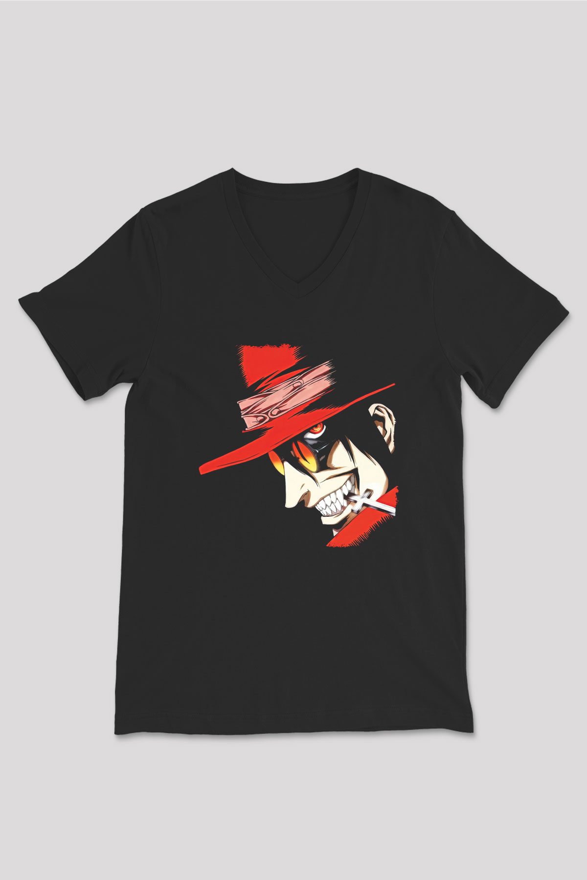 Alucard Baskılı Unisex Siyah V Yaka Tişört - Tshirt