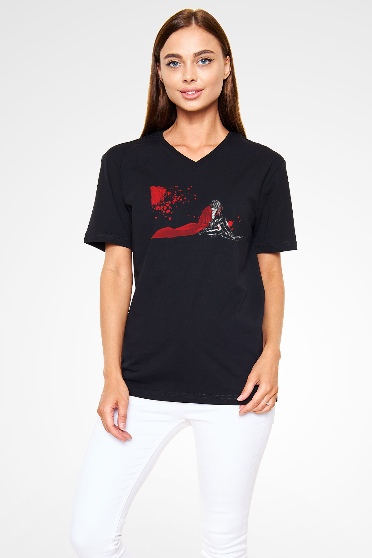 Alucard Baskılı Unisex Siyah V Yaka Tişört - Tshirt