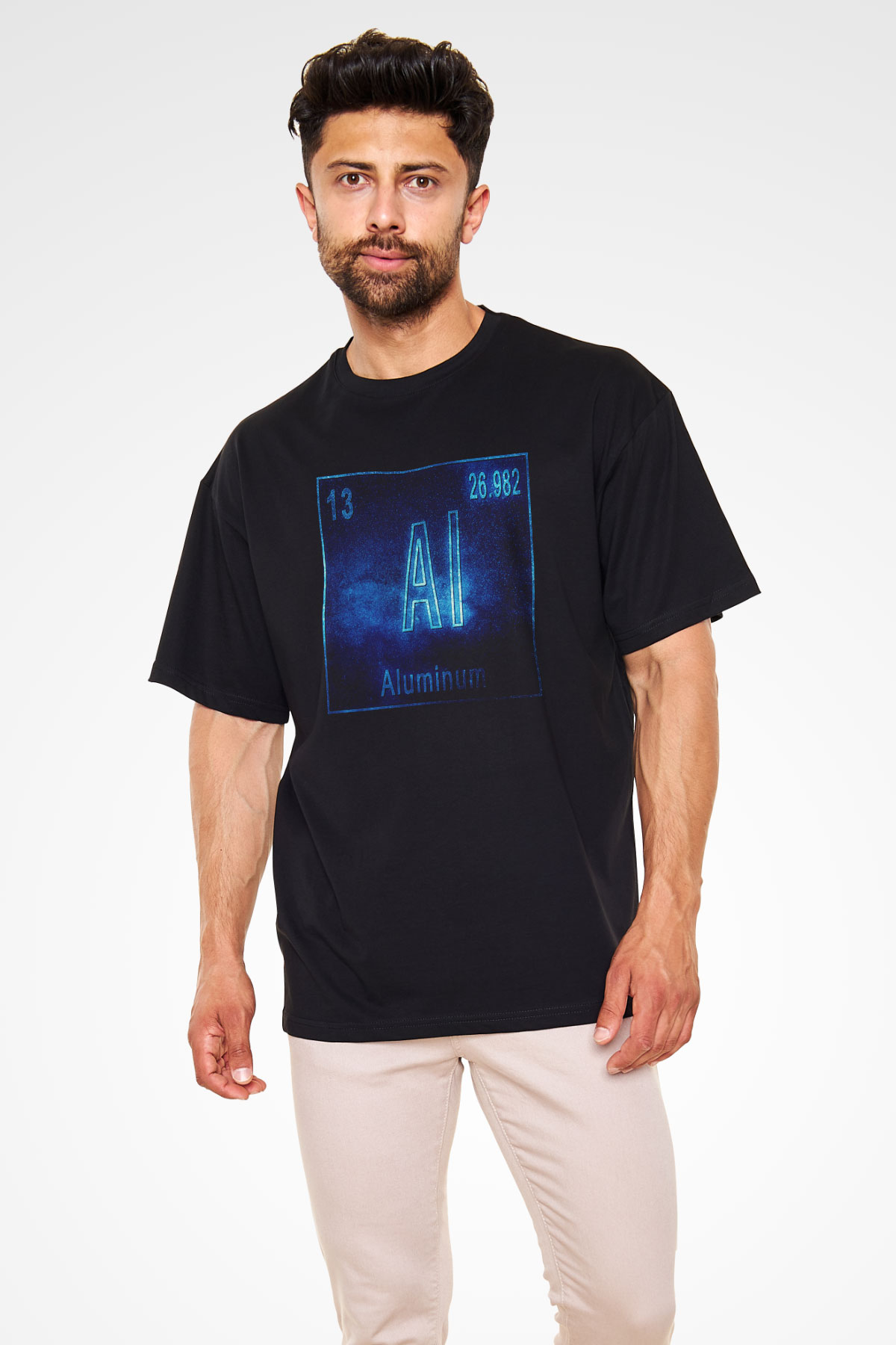 Alüminyum Atom Numarası Baskılı Unisex Siyah Oversize Tişört