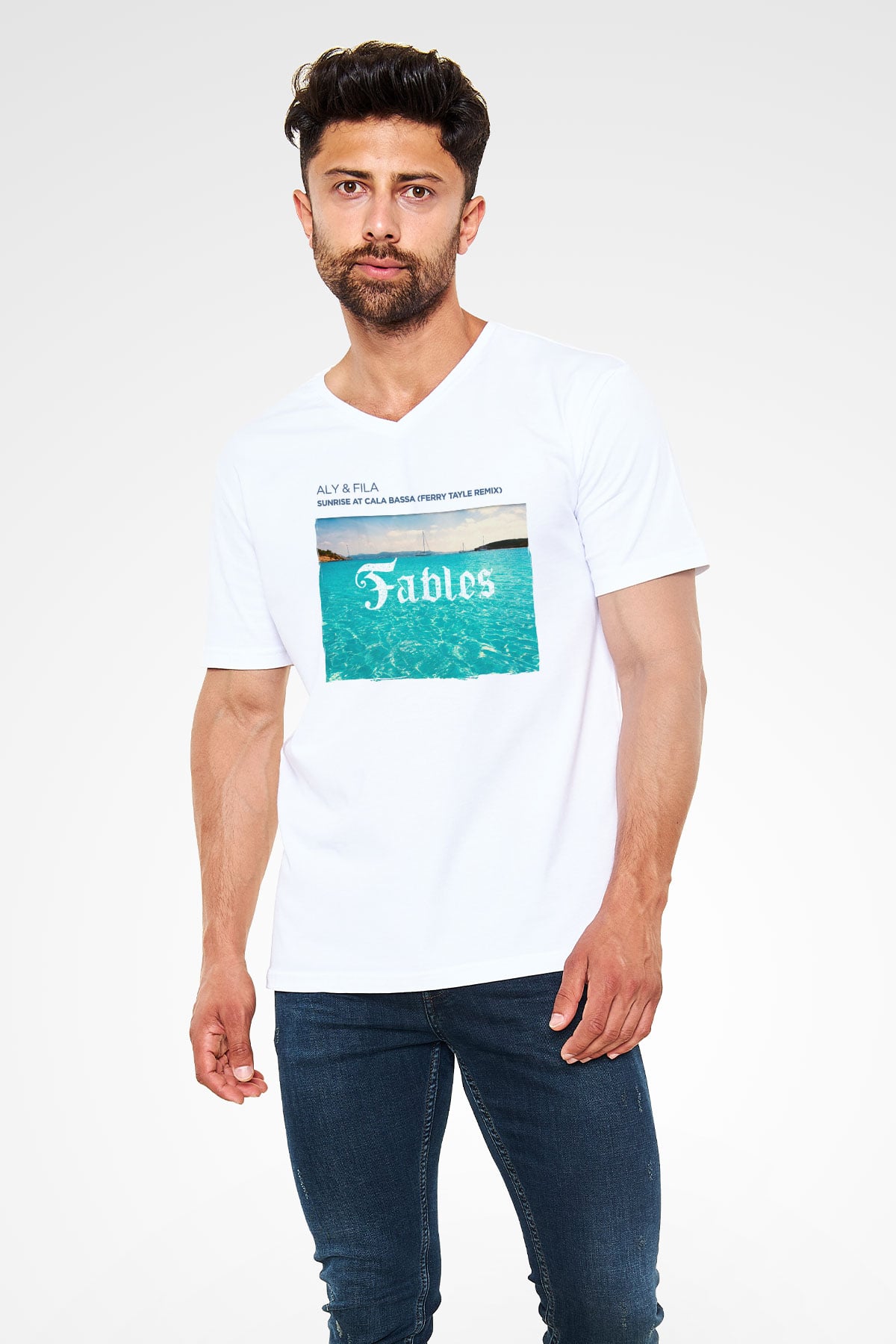 Aly & Fila Beyaz Unisex V Yaka Tişört