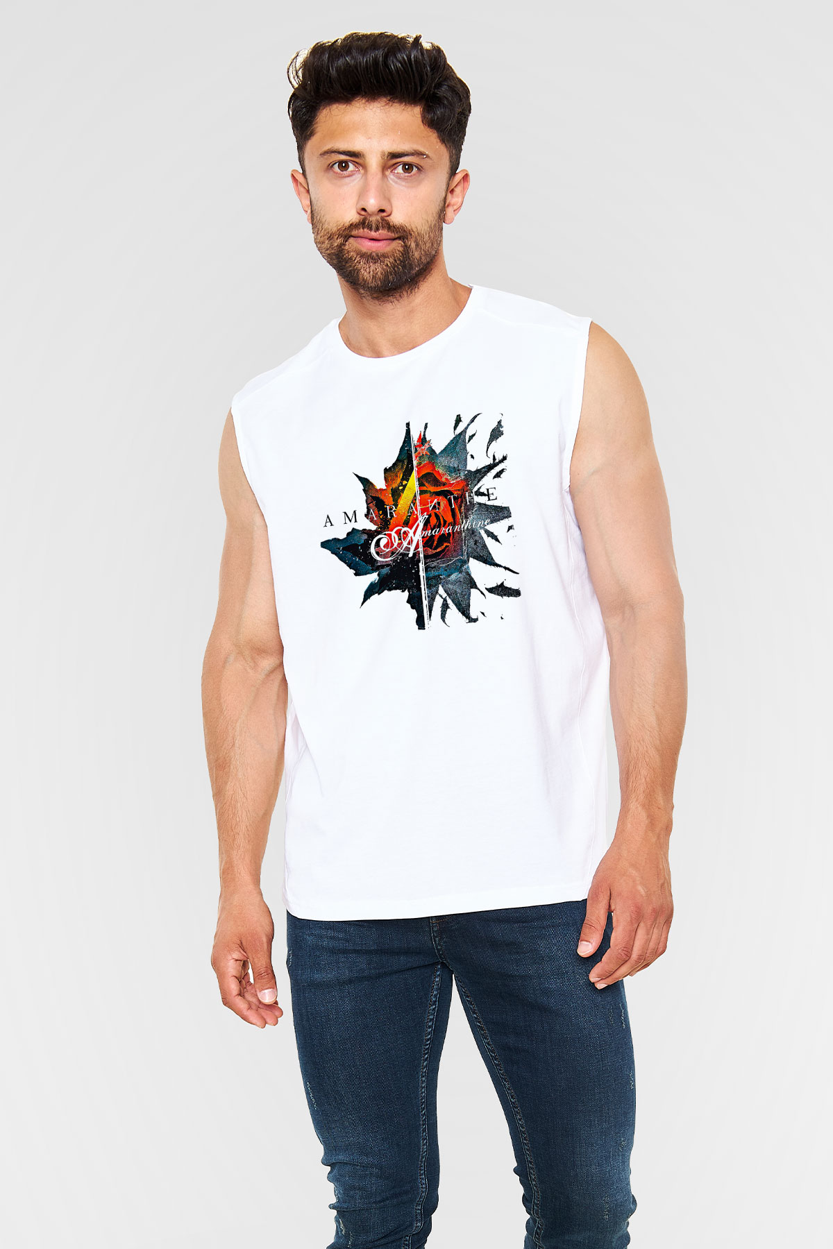 Amaranthe Baskılı Beyaz Unisex Kolsuz Tişört - Tshirt