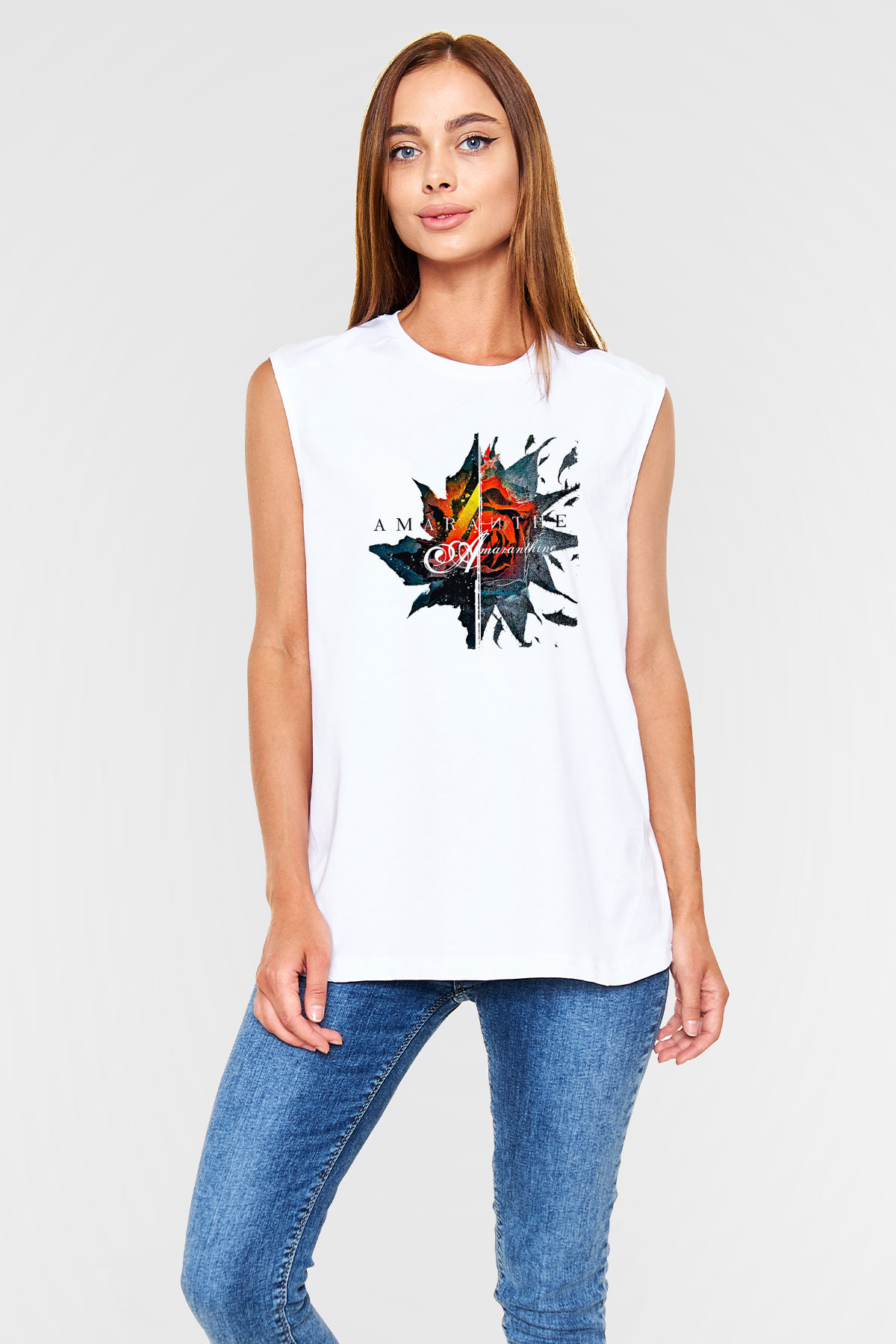 Amaranthe Baskılı Beyaz Unisex Kolsuz Tişört - Tshirt