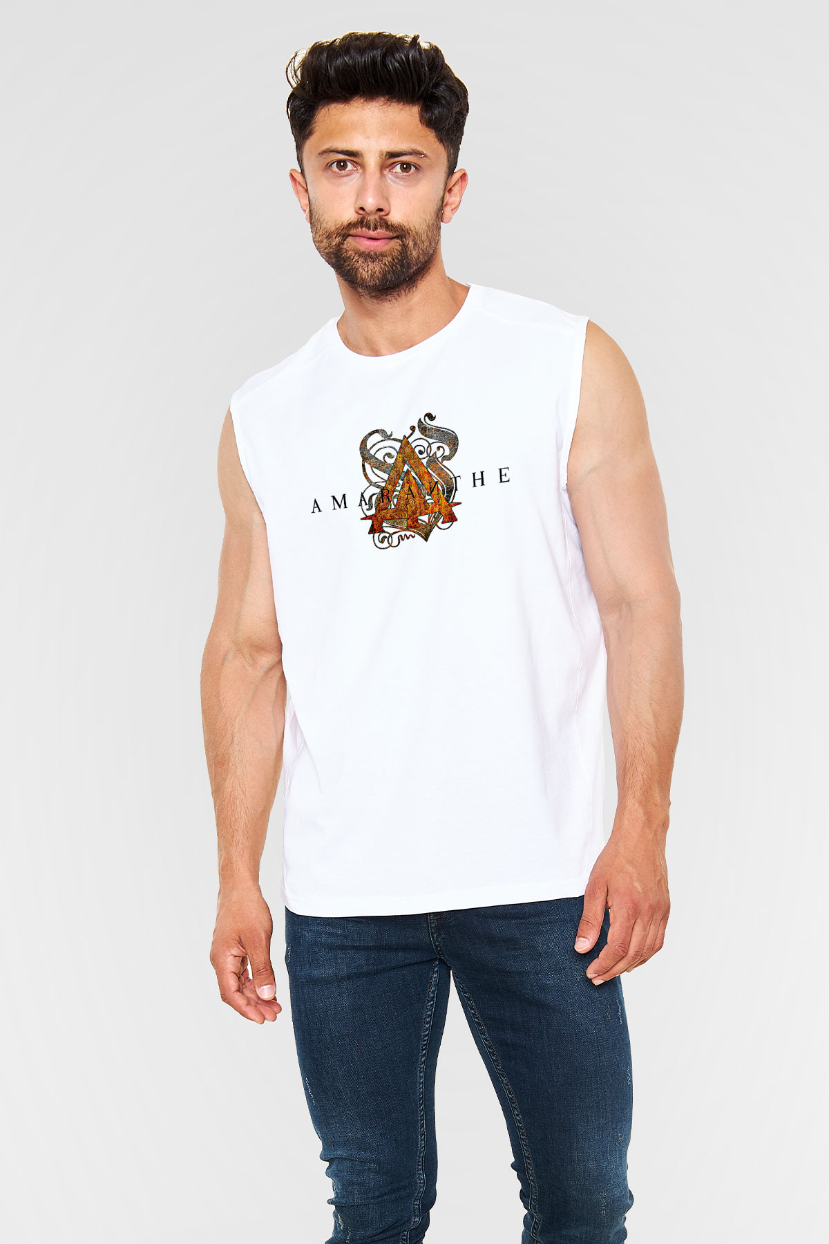 Amaranthe Baskılı Beyaz Unisex Kolsuz Tişört - Tshirt