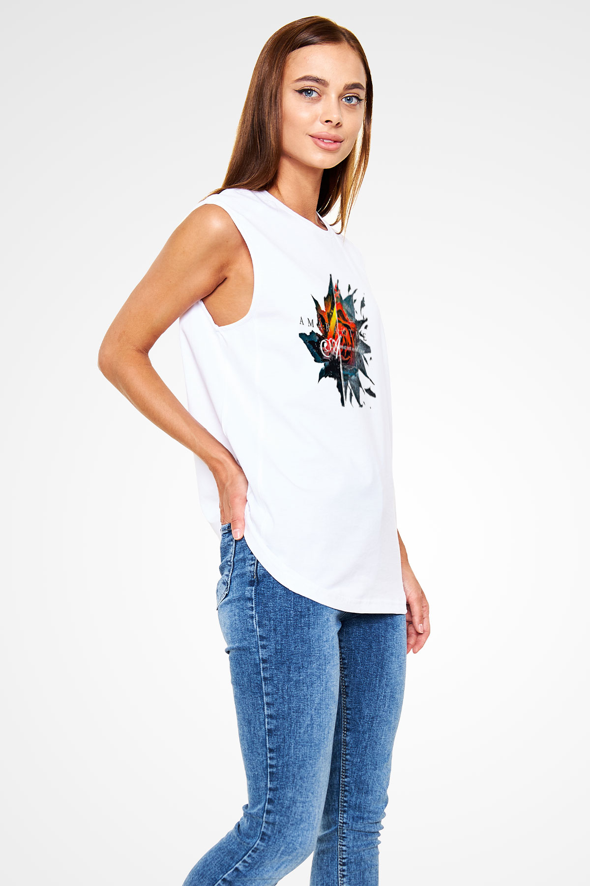 Amaranthe Baskılı Beyaz Unisex Kolsuz Tişört - Tshirt