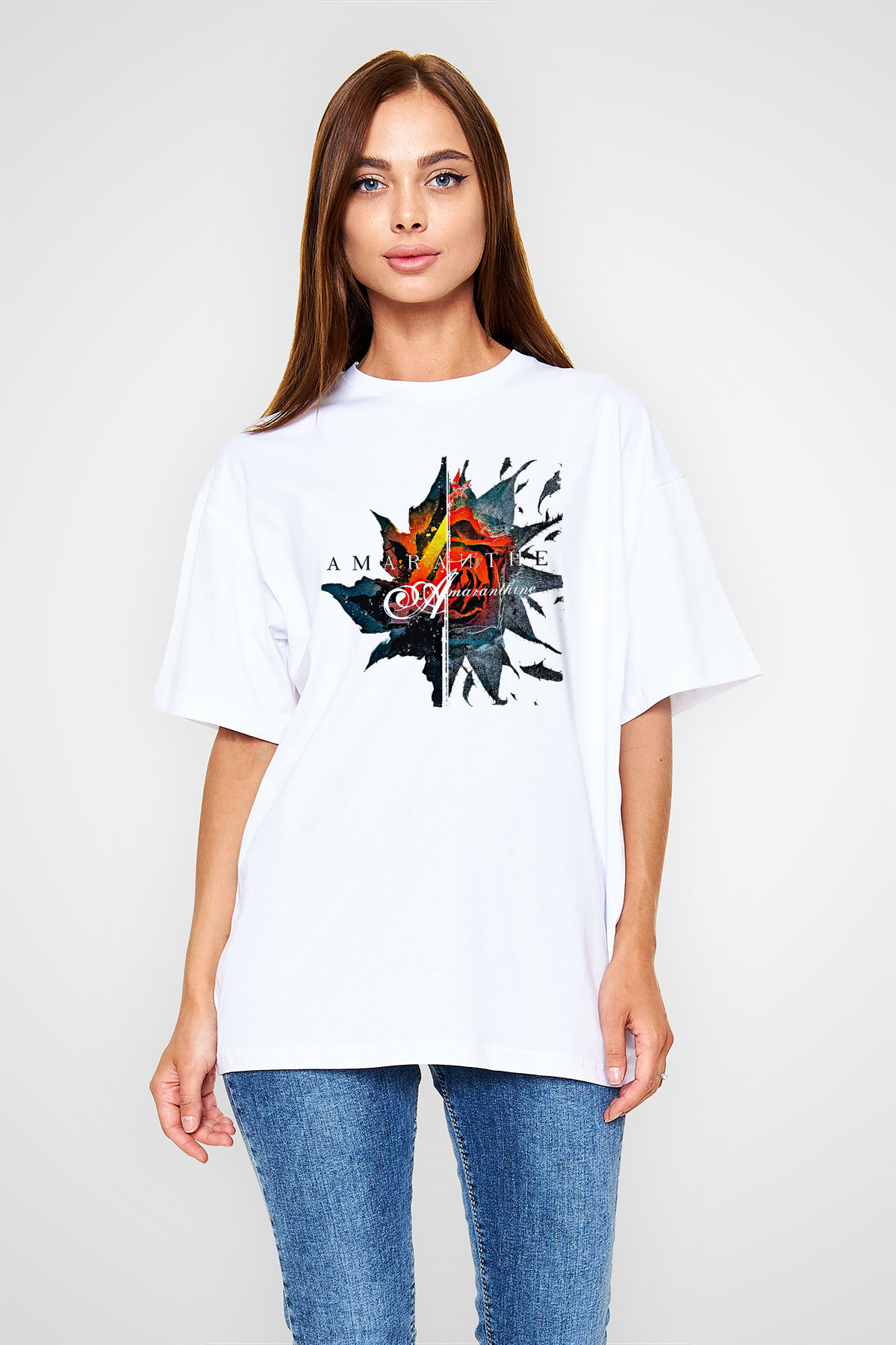Amaranthe Baskılı Beyaz Unisex Oversize Tişört - Tshirt
