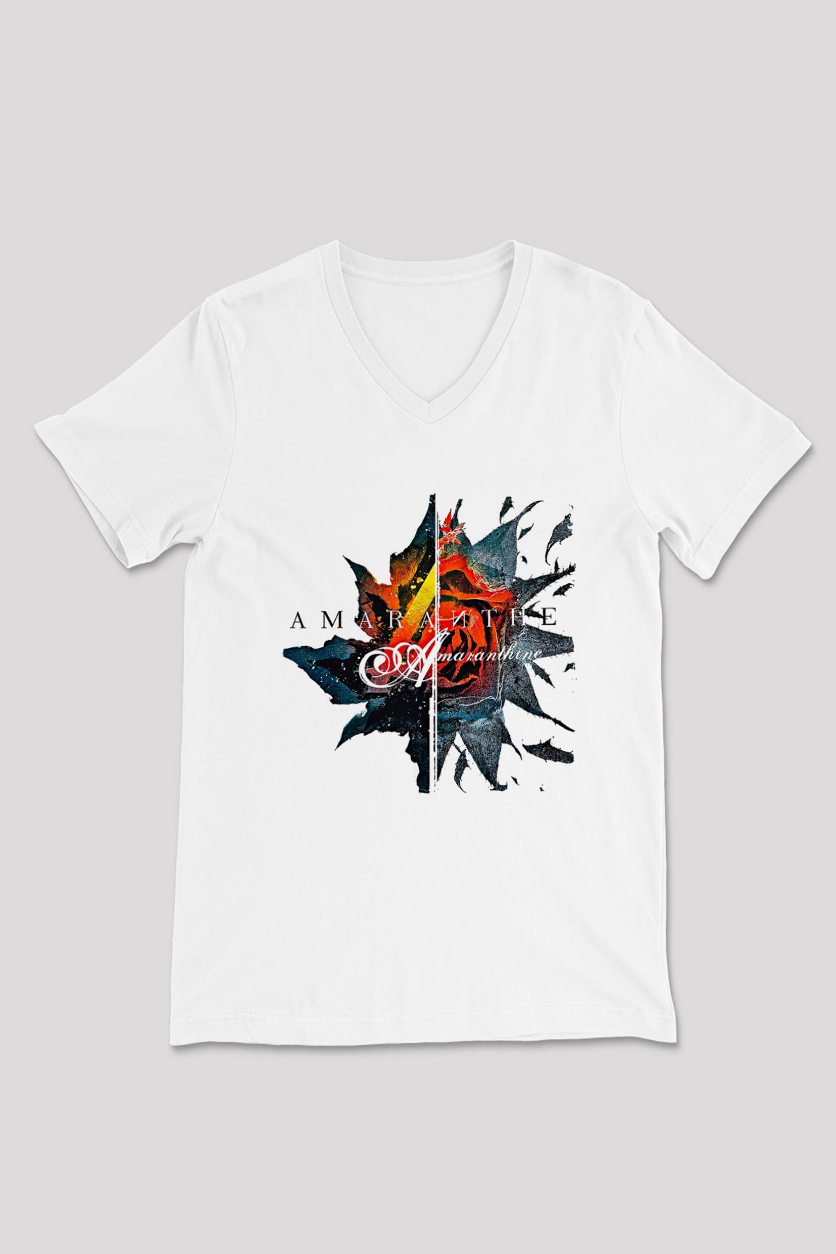 Amaranthe Baskılı Beyaz Unisex V Yaka Tişört - Tshirt