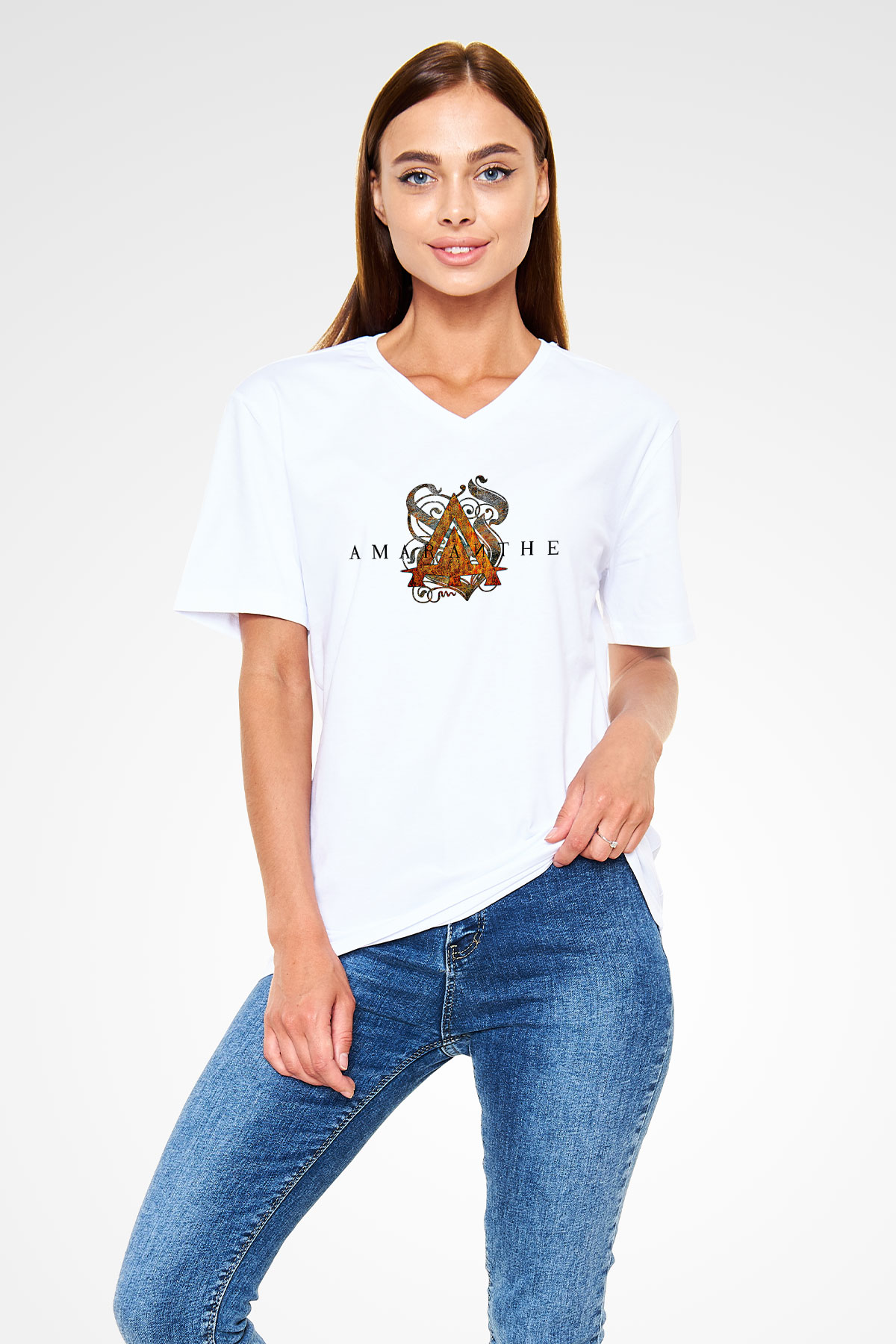 Amaranthe Baskılı Beyaz Unisex V Yaka Tişört - Tshirt
