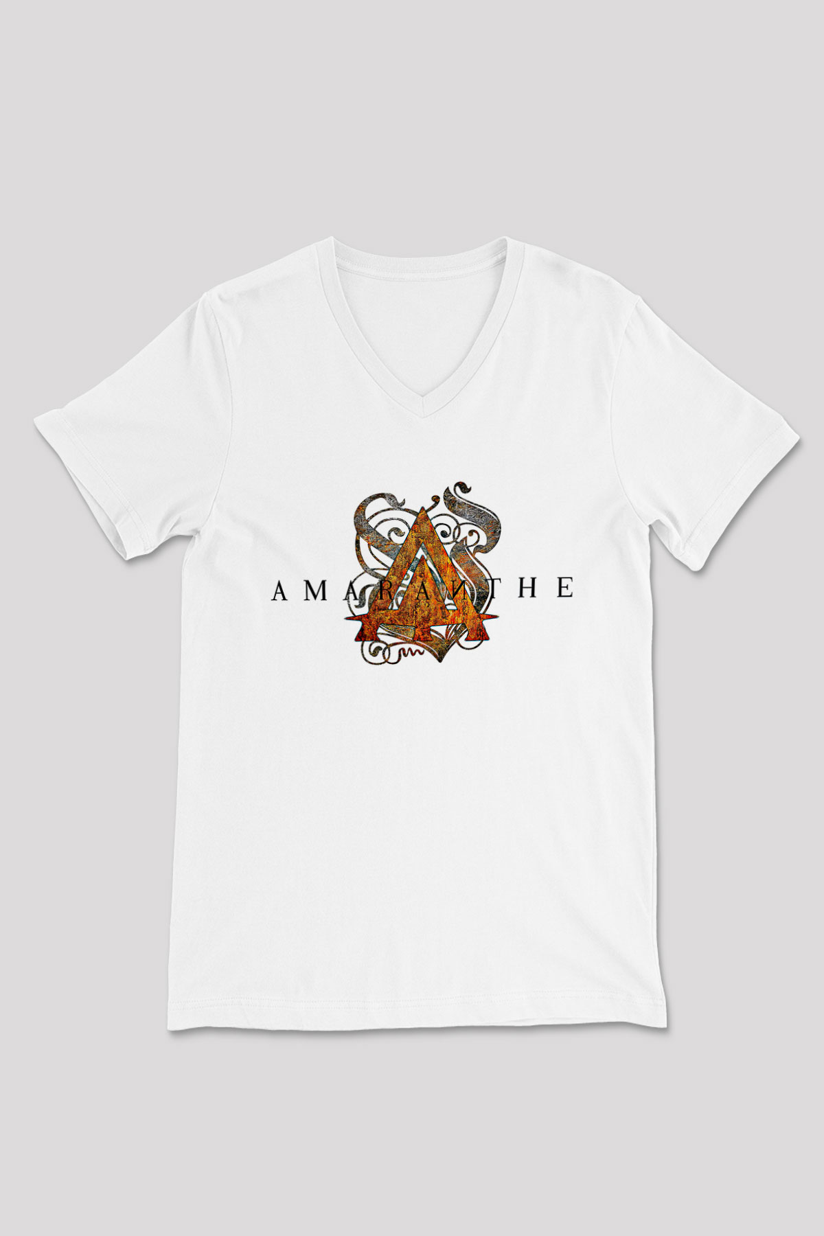 Amaranthe Baskılı Beyaz Unisex V Yaka Tişört - Tshirt