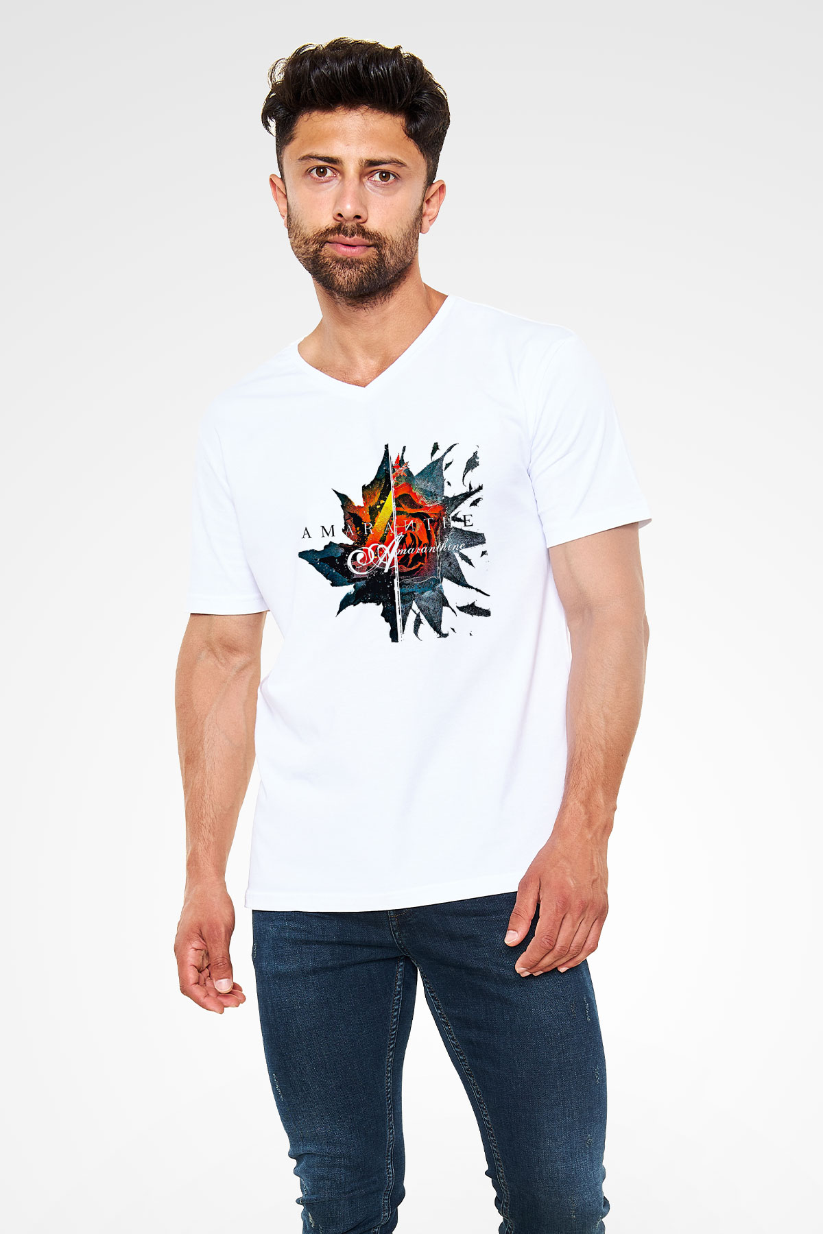 Amaranthe Baskılı Beyaz Unisex V Yaka Tişört - Tshirt