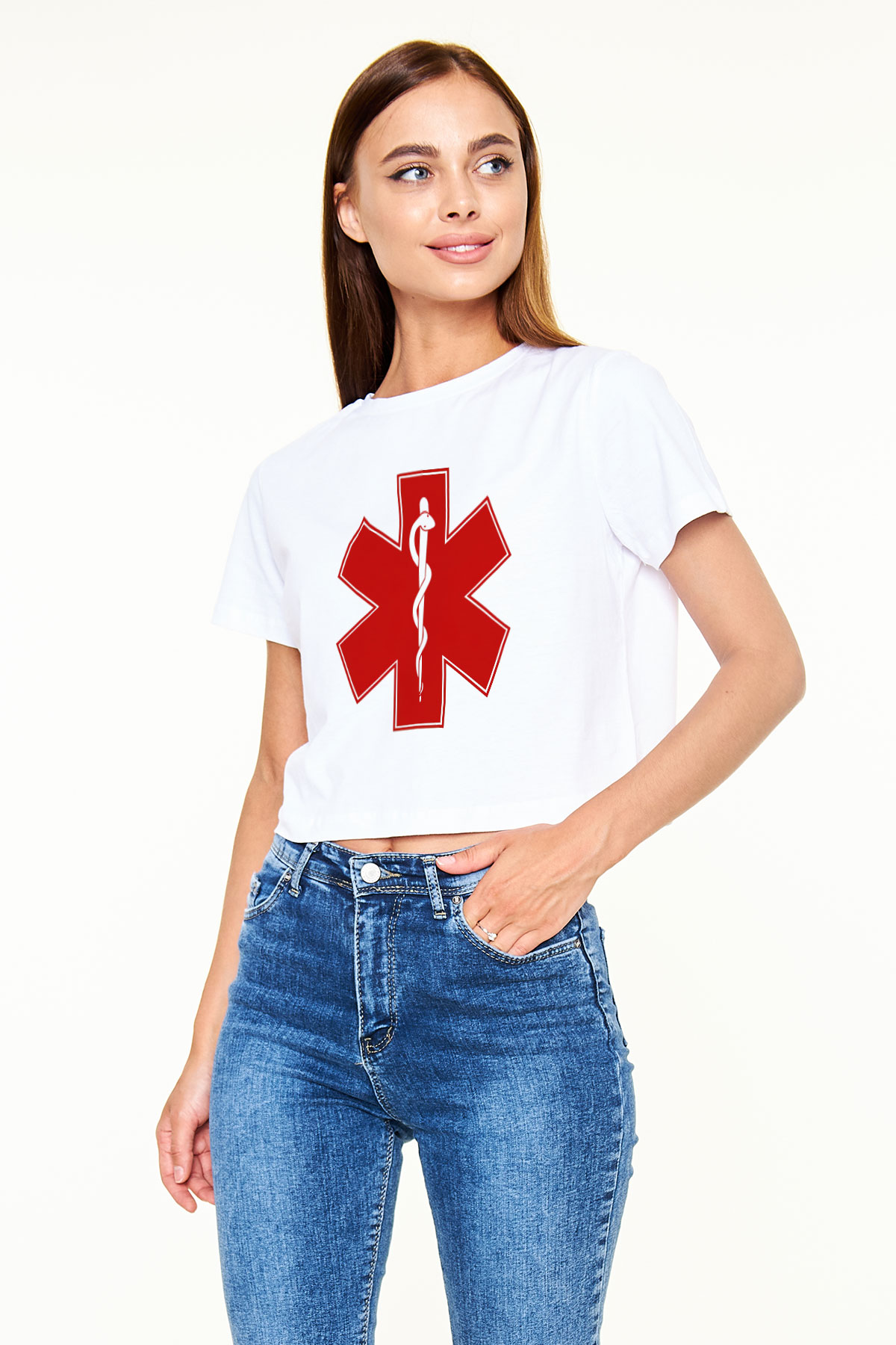 Ambulans şoförü Beyaz Croptop Tişört