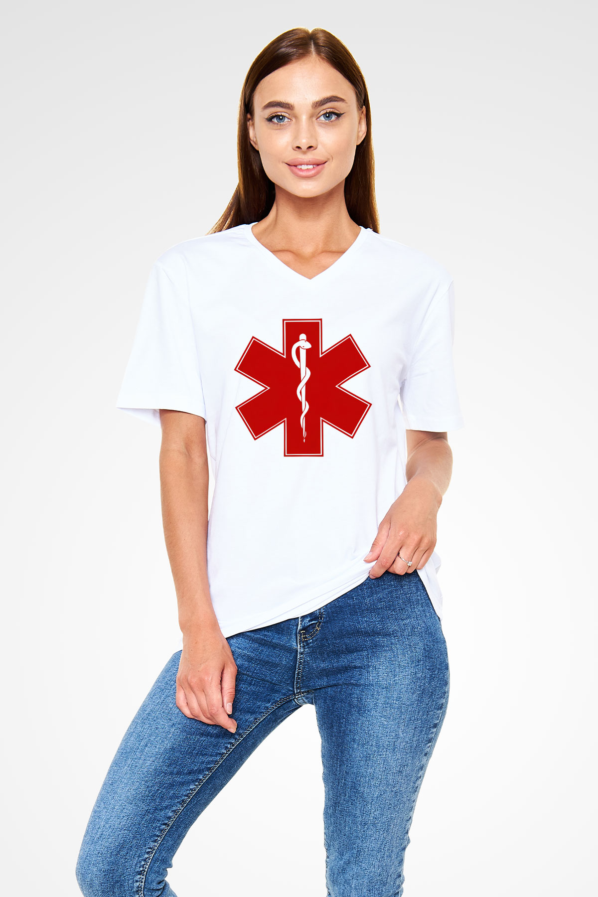Ambulans şoförü Beyaz Unisex V Yaka Tişört T-Shirt
