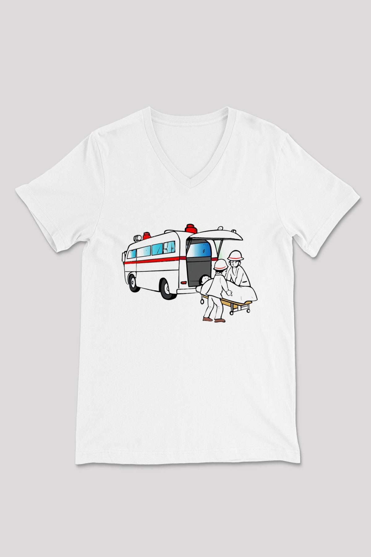 Ambulans şoförü Beyaz Unisex V Yaka Tişört T-Shirt