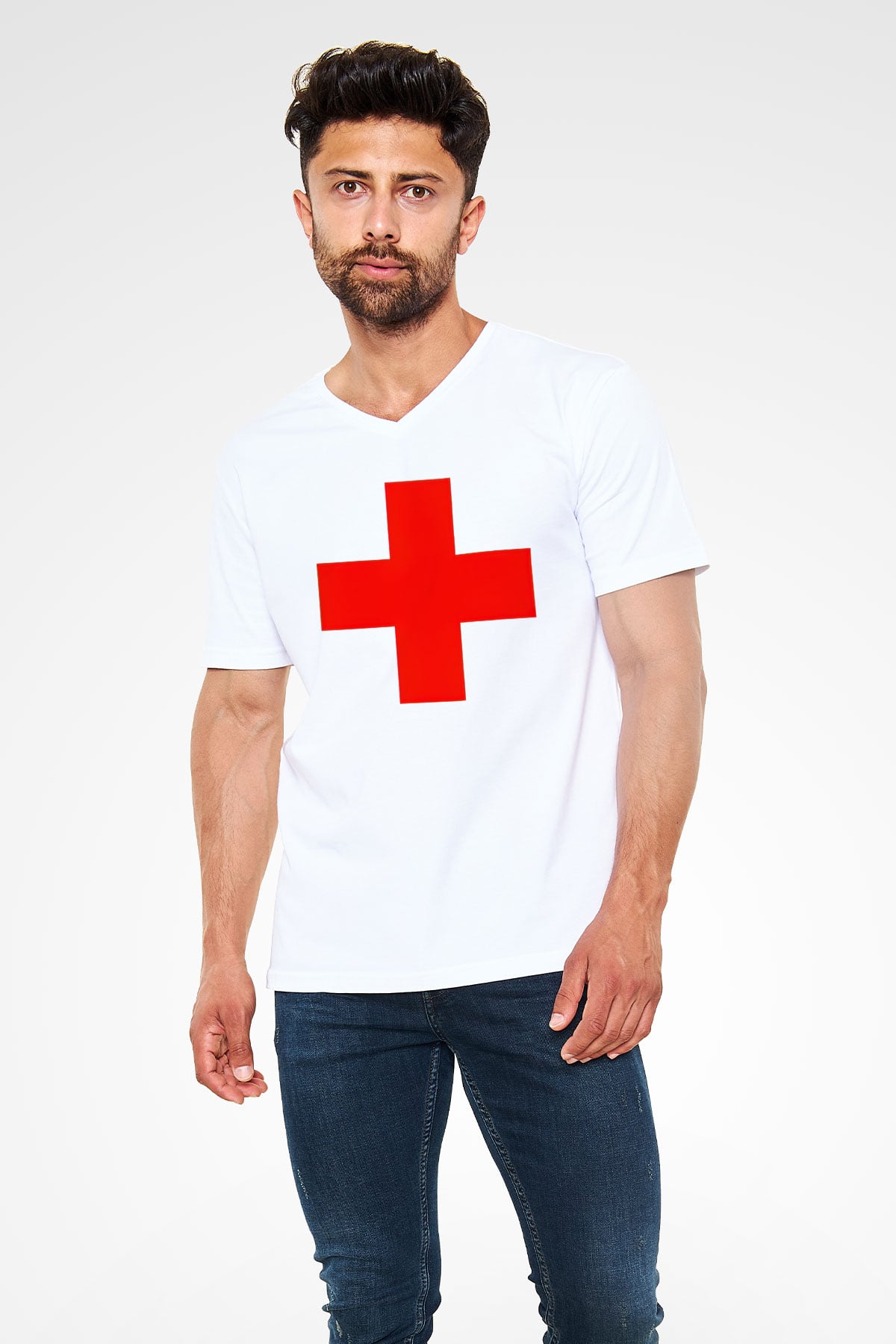Ambulans şoförü Beyaz Unisex V Yaka Tişört T-Shirt