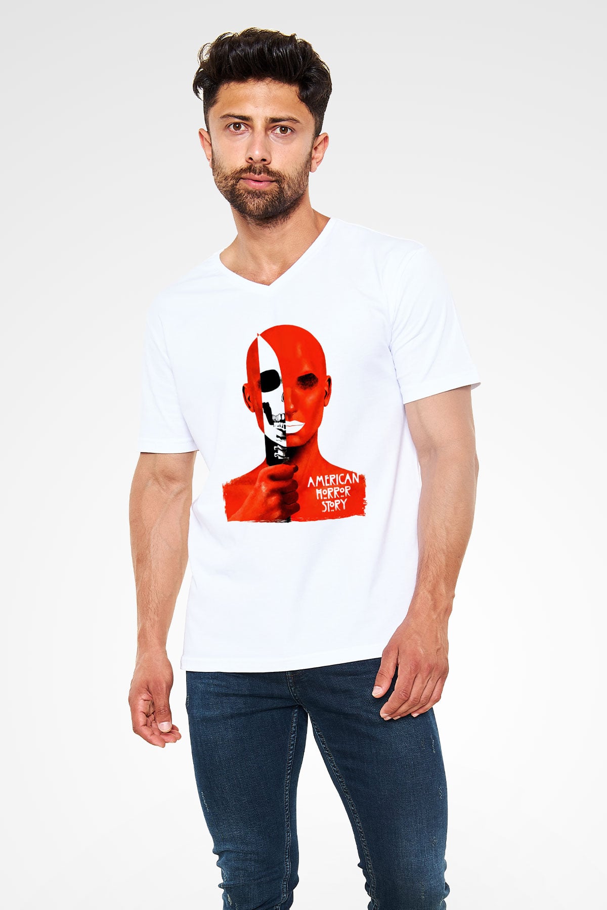 American Horror Story Beyaz Unisex V Yaka Tişört