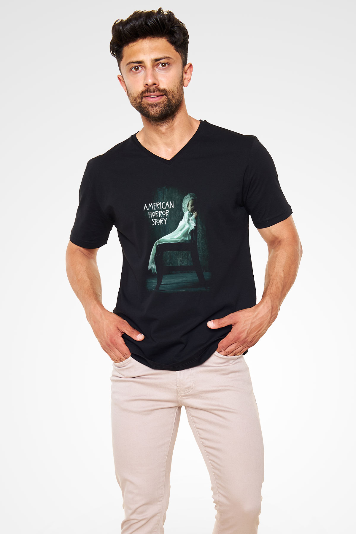 American Horror Story Siyah Unisex V Yaka Tişört T-Shirt