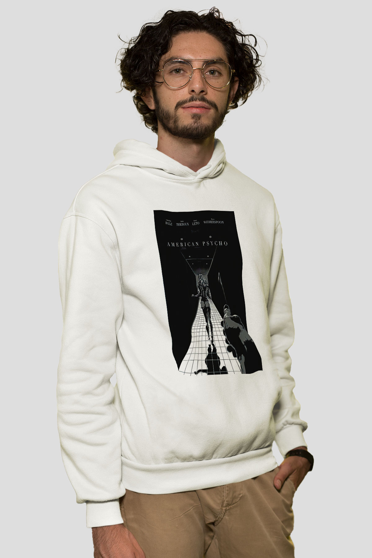American Psycho Baskılı Beyaz Unisex Hoodie