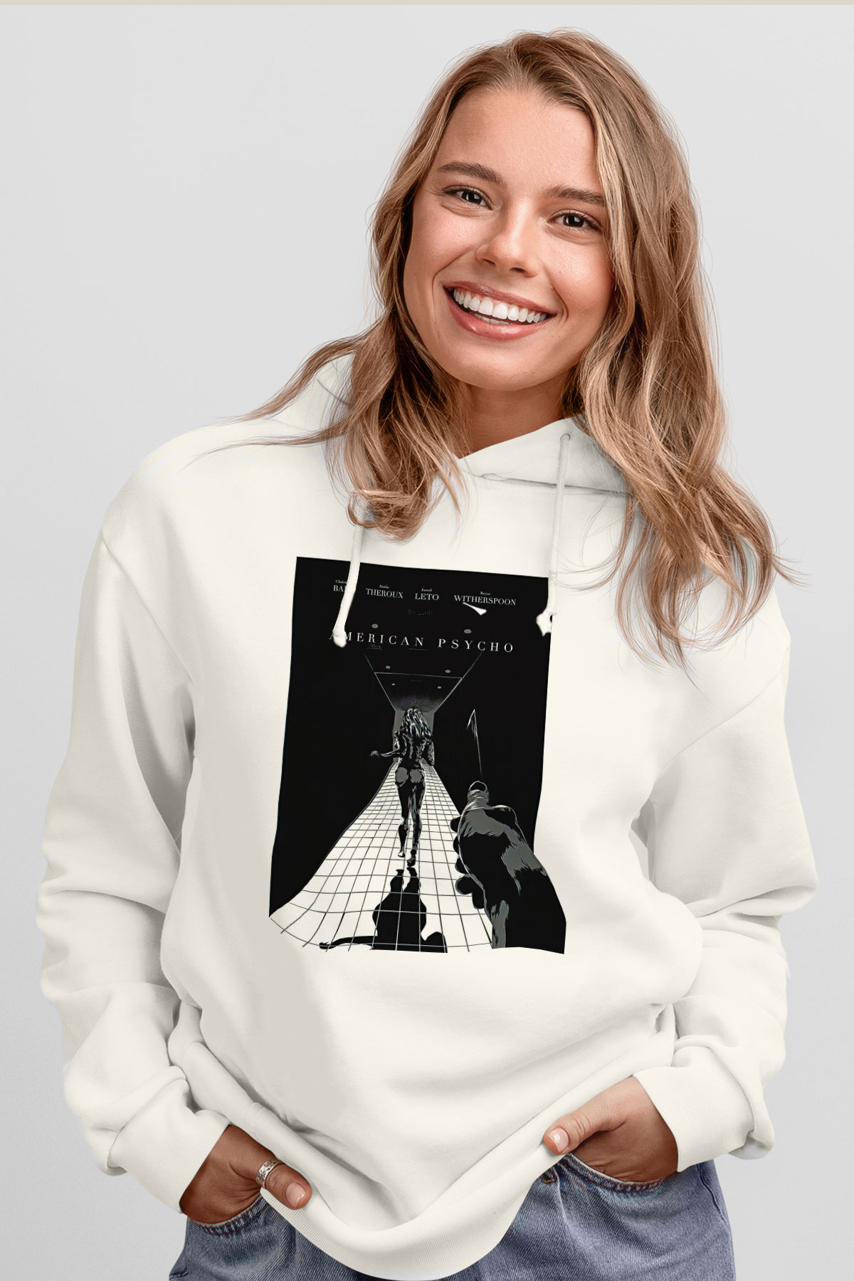 American Psycho Baskılı Beyaz Unisex Hoodie