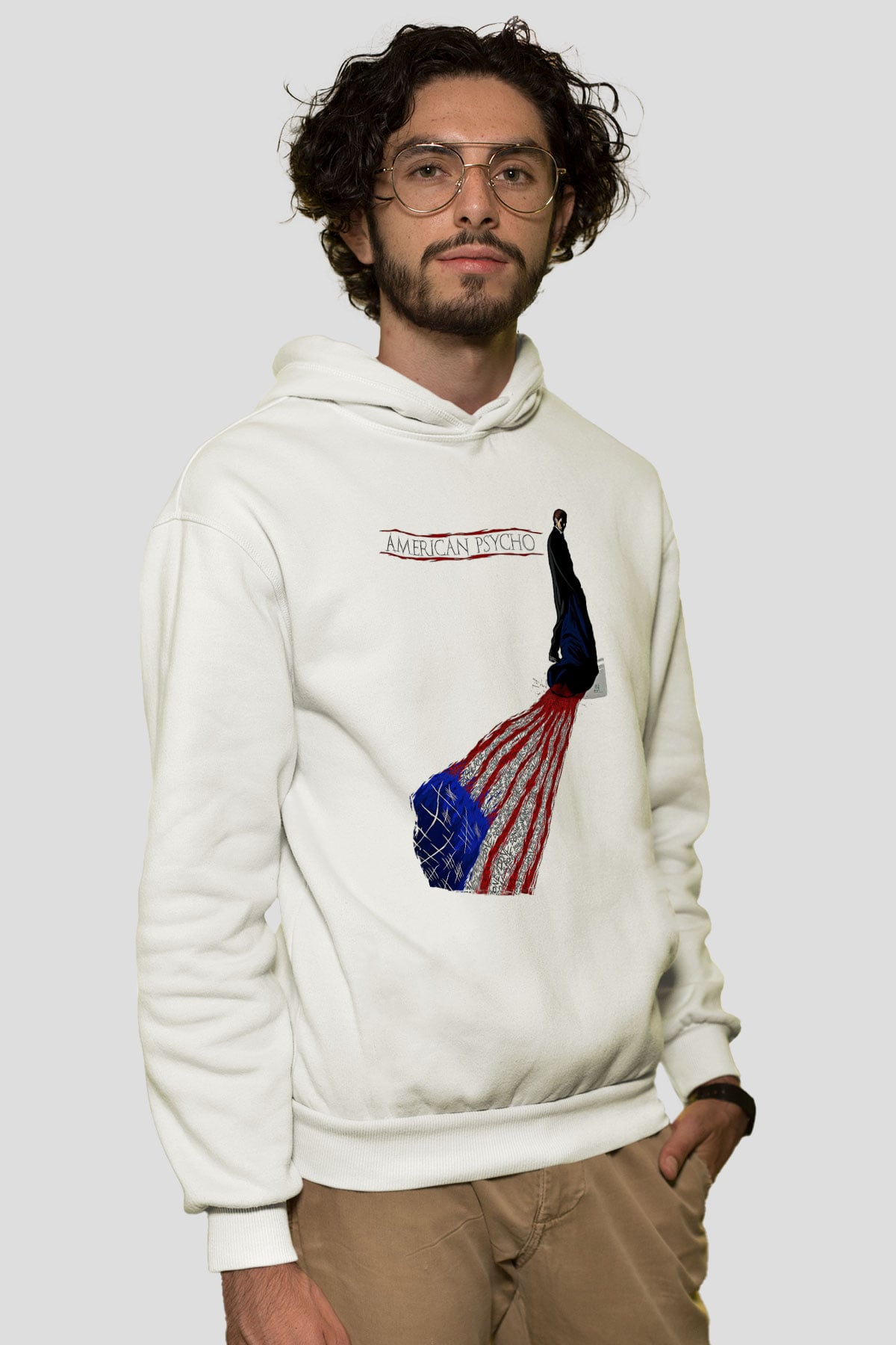American Psycho Baskılı Beyaz Unisex Hoodie