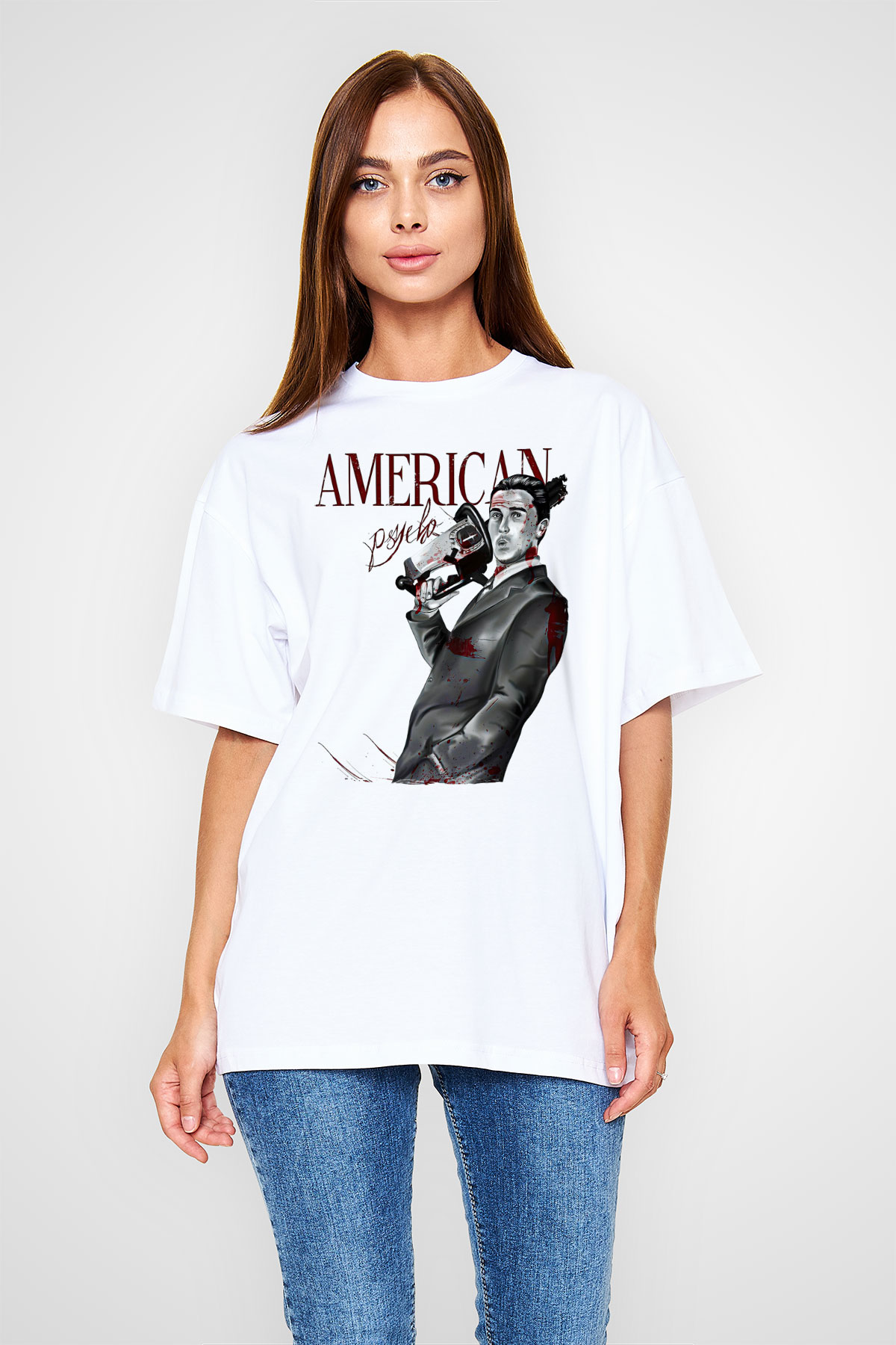 American Psycho Baskılı Beyaz Unisex Oversize Tişört - Tshirt