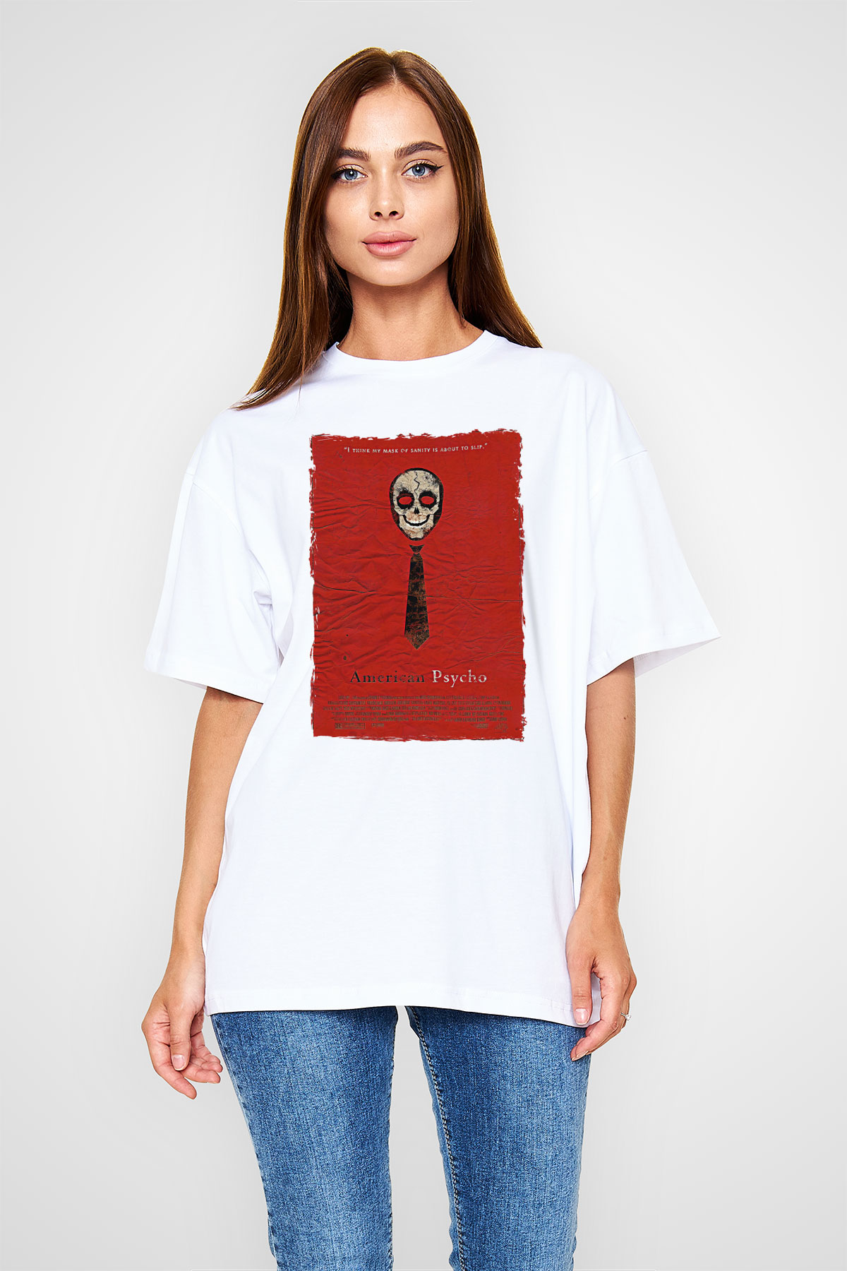 American Psycho Baskılı Beyaz Unisex Oversize Tişört - Tshirt