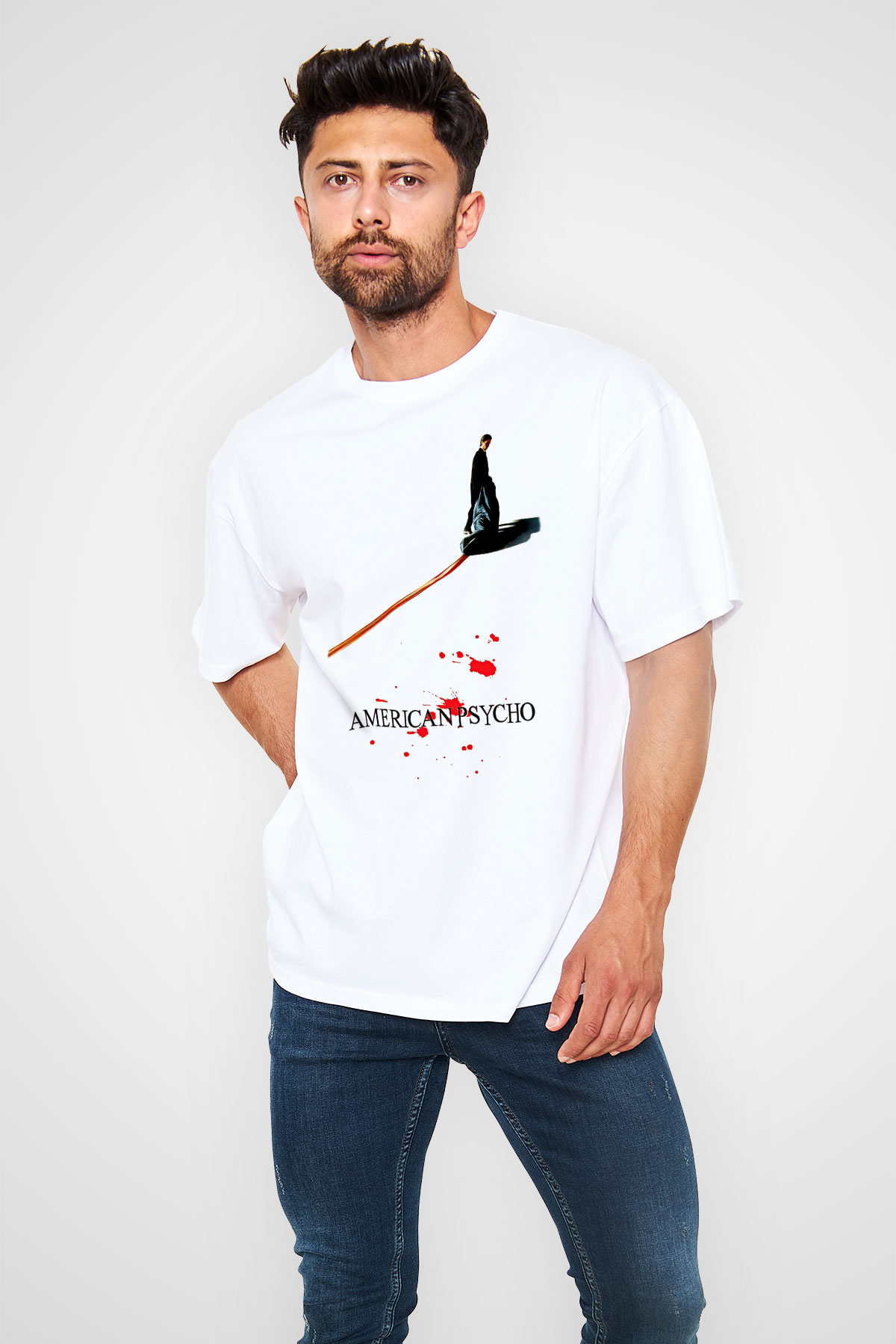 American Psycho Baskılı Beyaz Unisex Oversize Tişört - Tshirt