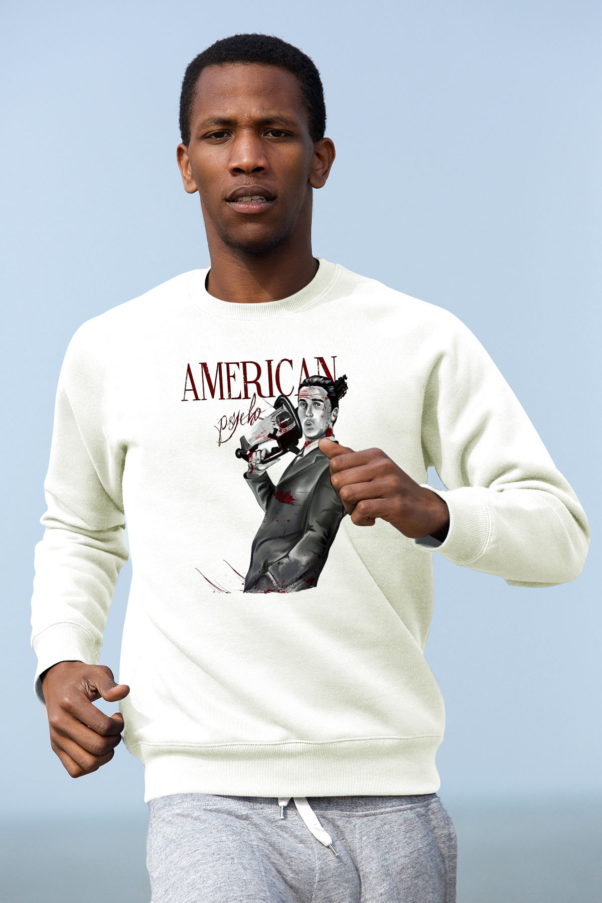 American Psycho Baskılı Beyaz Unisex Sweatshirt