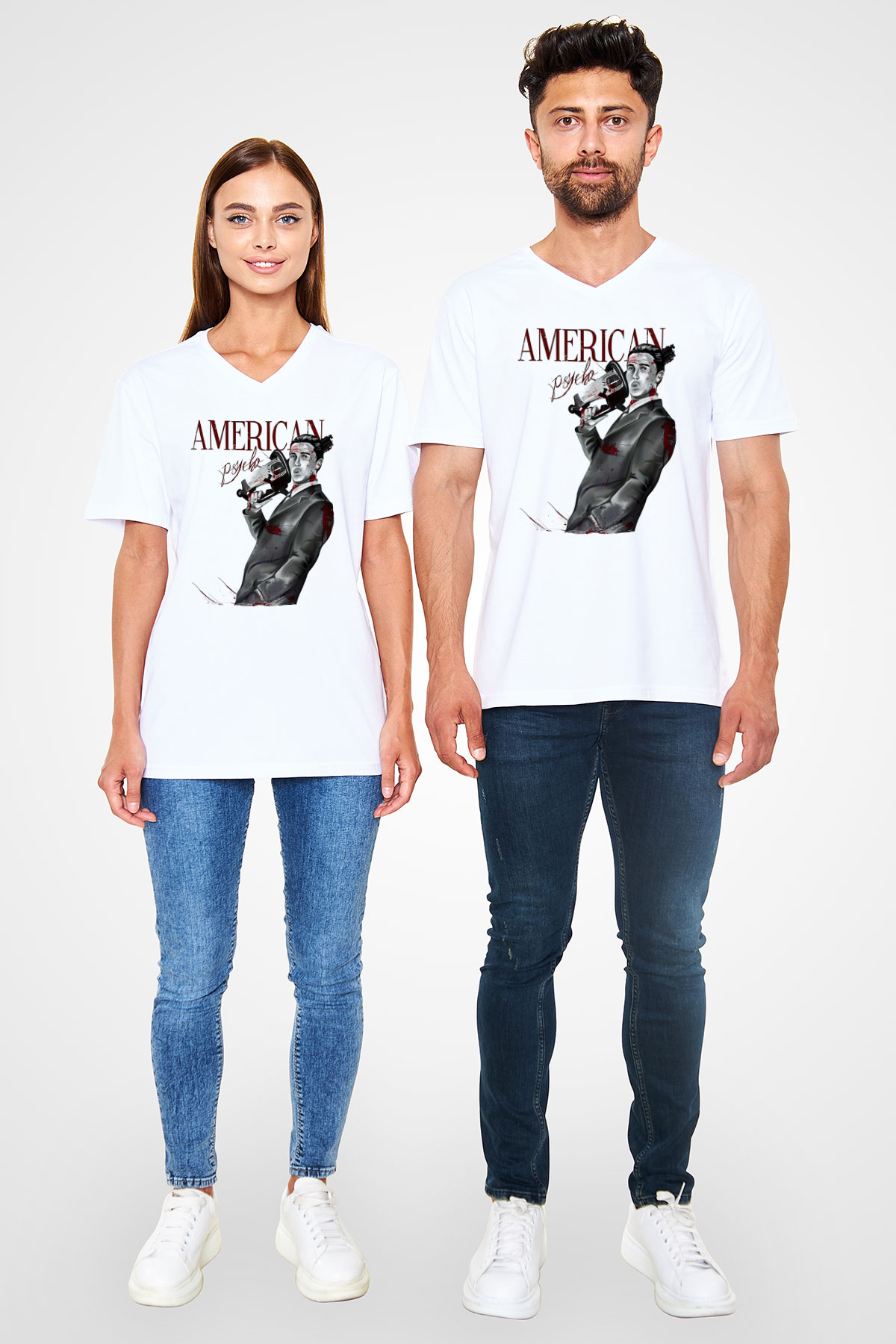 American Psycho Baskılı Beyaz Unisex V Yaka Tişört - Tshirt