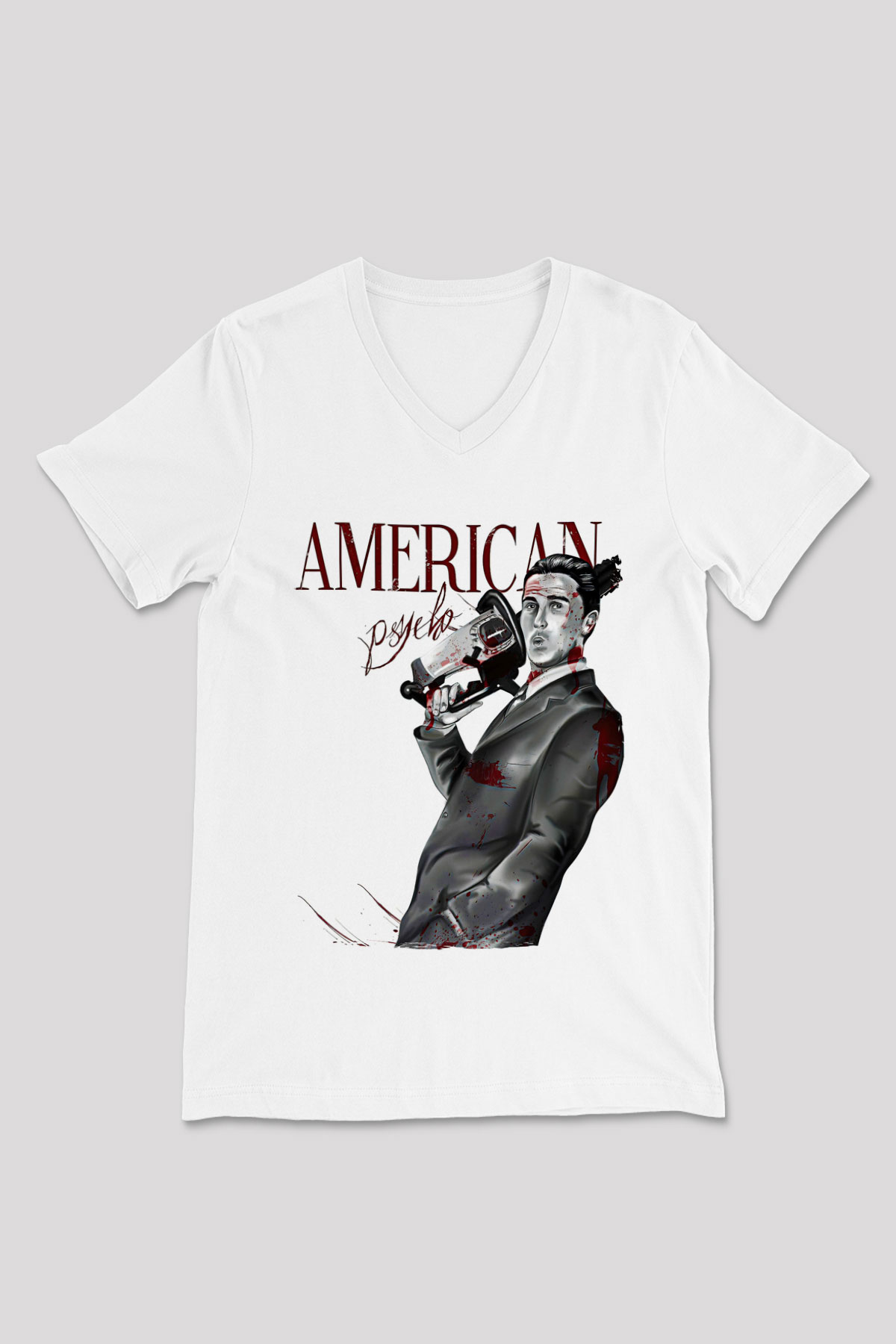 American Psycho Baskılı Beyaz Unisex V Yaka Tişört - Tshirt