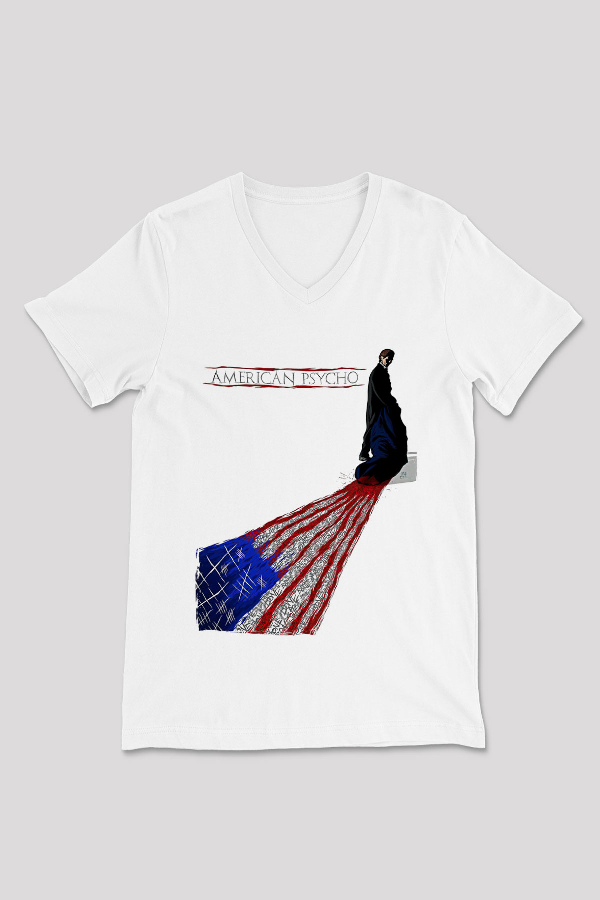 American Psycho Baskılı Beyaz Unisex V Yaka Tişört - Tshirt