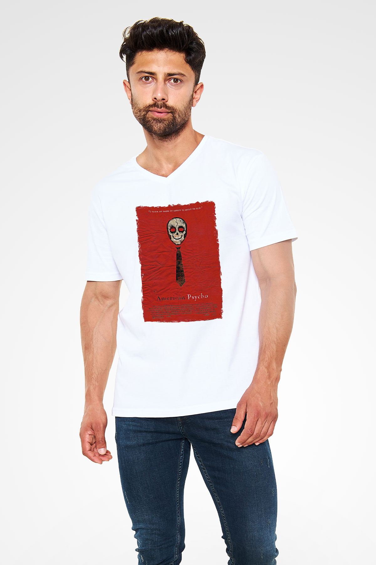 American Psycho Baskılı Beyaz Unisex V Yaka Tişört - Tshirt