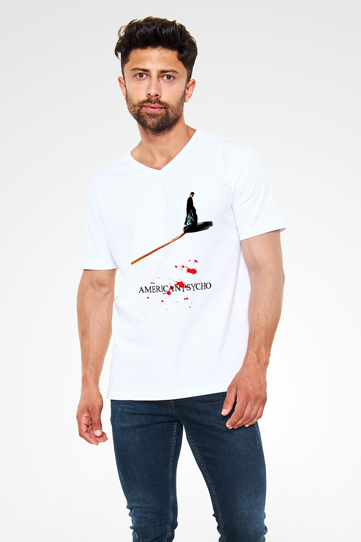 American Psycho Baskılı Beyaz Unisex V Yaka Tişört - Tshirt