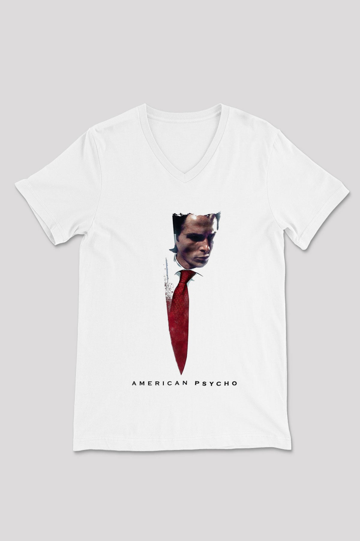 American Psycho Baskılı Beyaz Unisex V Yaka Tişört - Tshirt